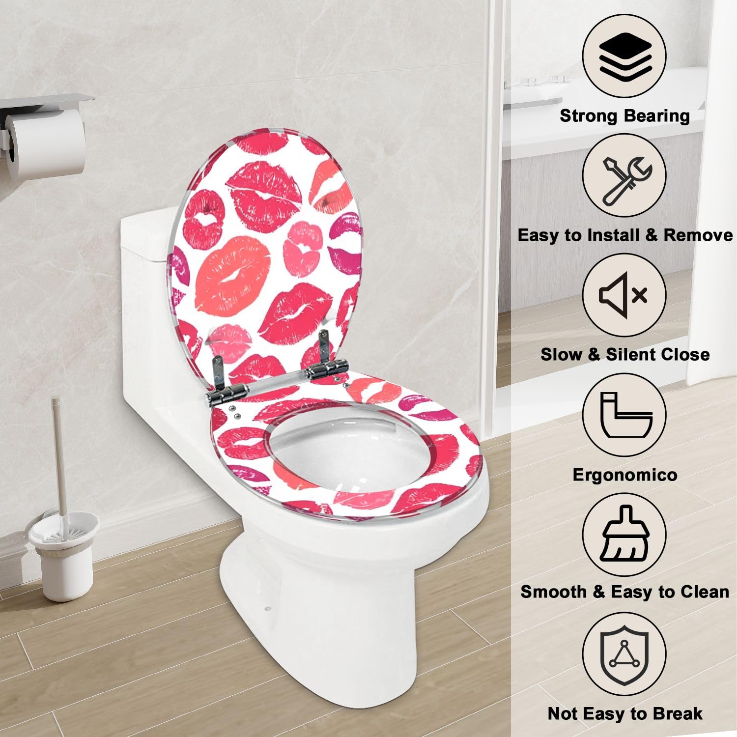 Round Toilet Seat Lips Colourful womans lips for cloth paper world Resin Toilet Seat with Quietly Close Quick Release Hinges Decorative Toilet Seat with Cover Easy to Clean and Install