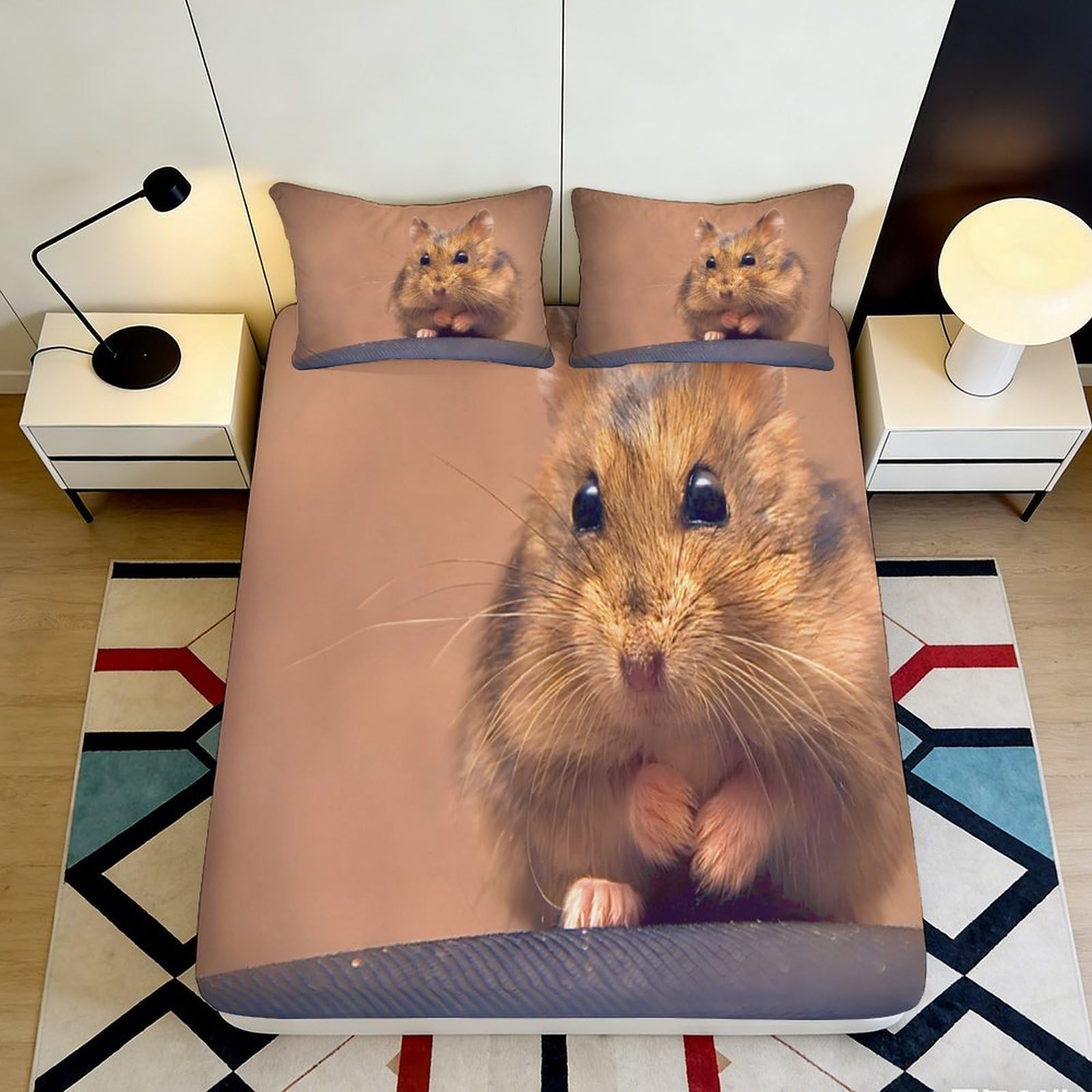 3D Printed Cute Hamster Fitted Sheet Microfiber Deep Pocket Non-Slip Bedroom Bedding Hamster Mattress Fitted Cover Washable 120x200x25cm