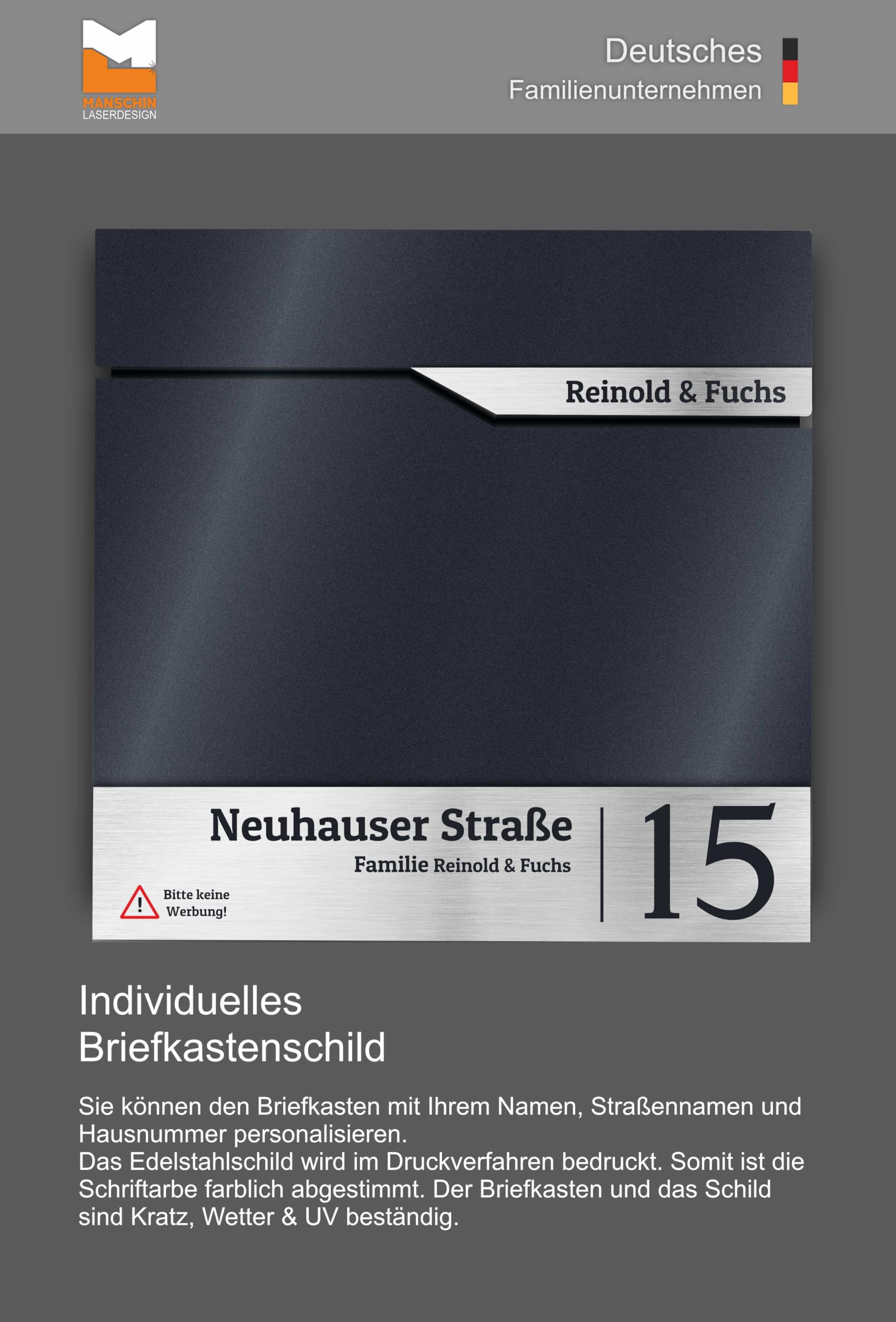 AlbersDesign - Gepersonaliseerde brievenbus met je naam antraciet (RAL7016) / met roestvrijstalen plaat, als wandbrievenbus of standaard