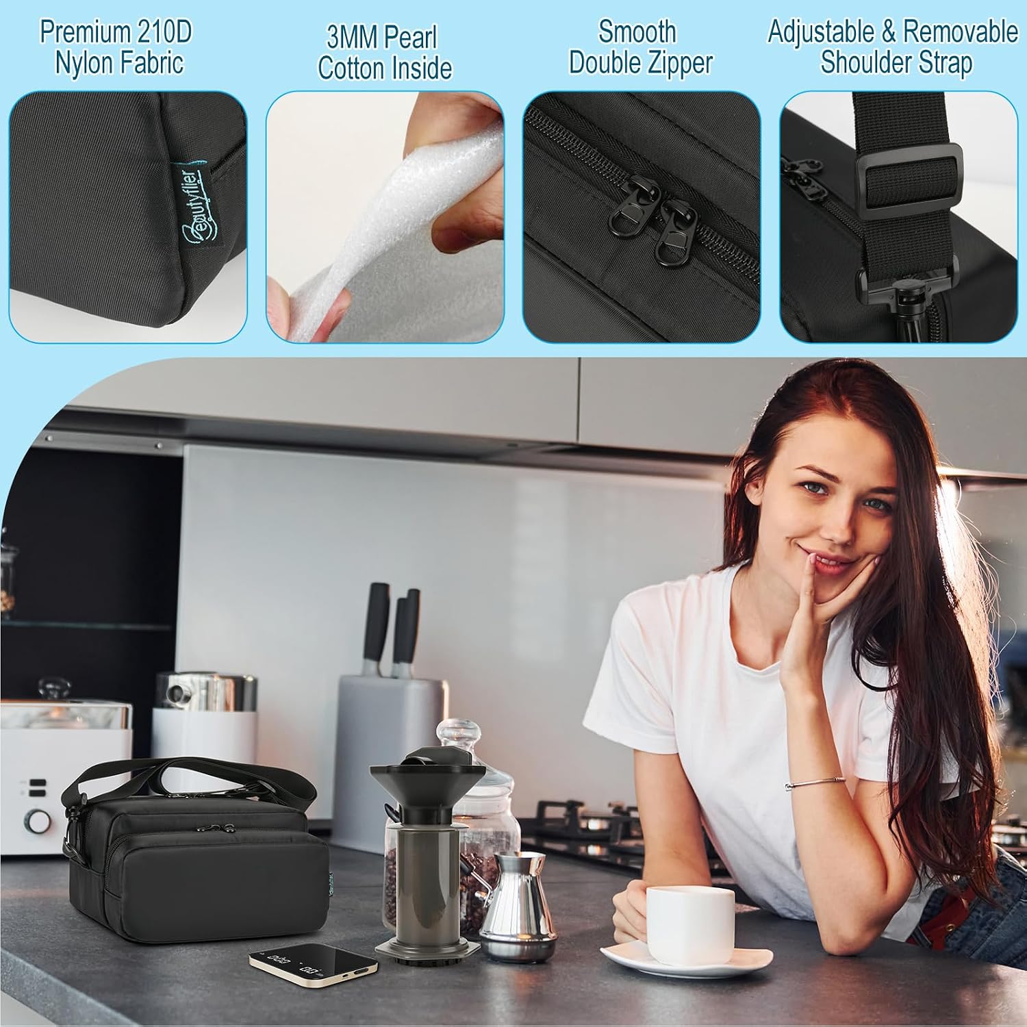 Beautyflier Travel Storage Bag Compatible with AeroPress Original Coffee Press, Microfilters, Mini Scale, Durable Organizer Case for Portable Coffee Maker, Fits Travel, Camping (Bag Only) image 2