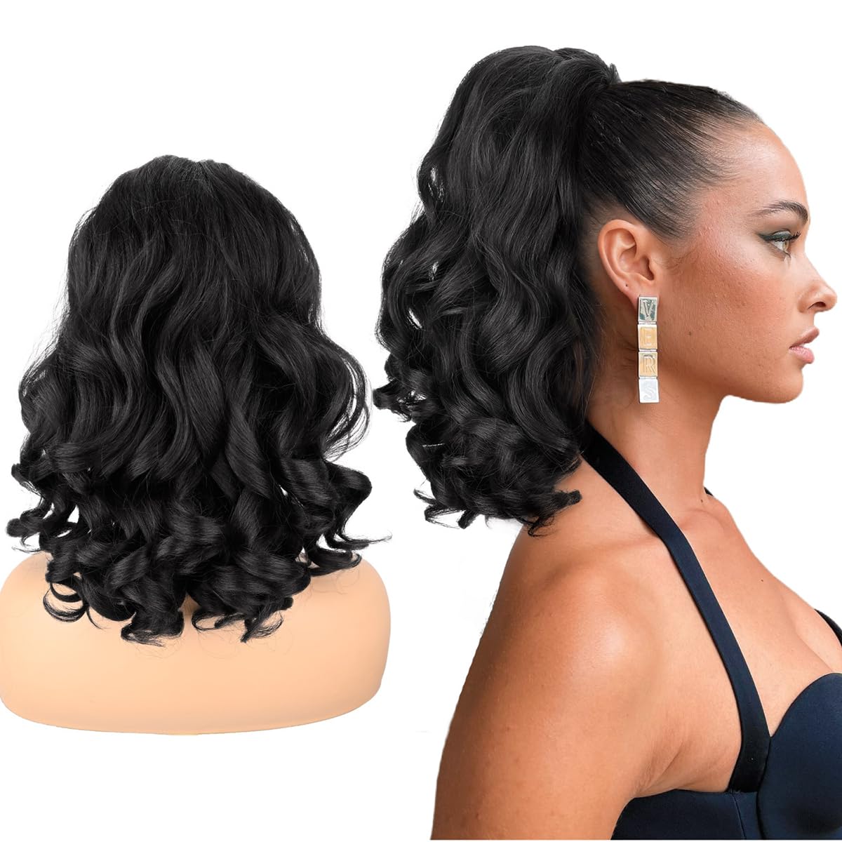 Allreetress Kinky Straight Ponytail Drawstring Hairpiece - 16" Yaki Straight with Curly Ends Synthetic Hair Extension for Black Women (1B Black)