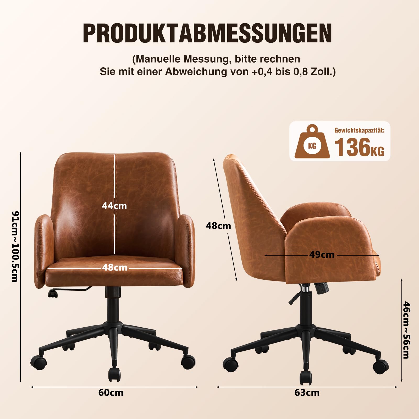 Bürostuhl Ergonomisch, PU Leder Homeoffice Stuhl, Drehstuhl, Schreibtischstuhl Computerstuhl mit Gepolsterter Armlehnen und Höhenverstellbar, Neigefunktion für Büro Schlafzimmer, Braun