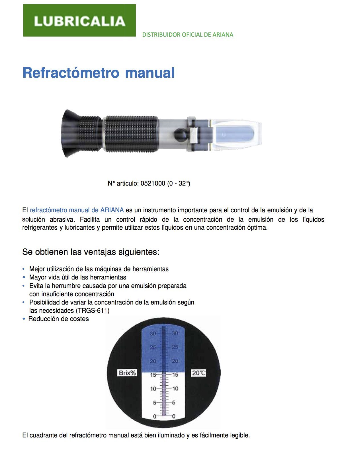 Refractómetro específico para taladrinas profesional de 0 a 15%.