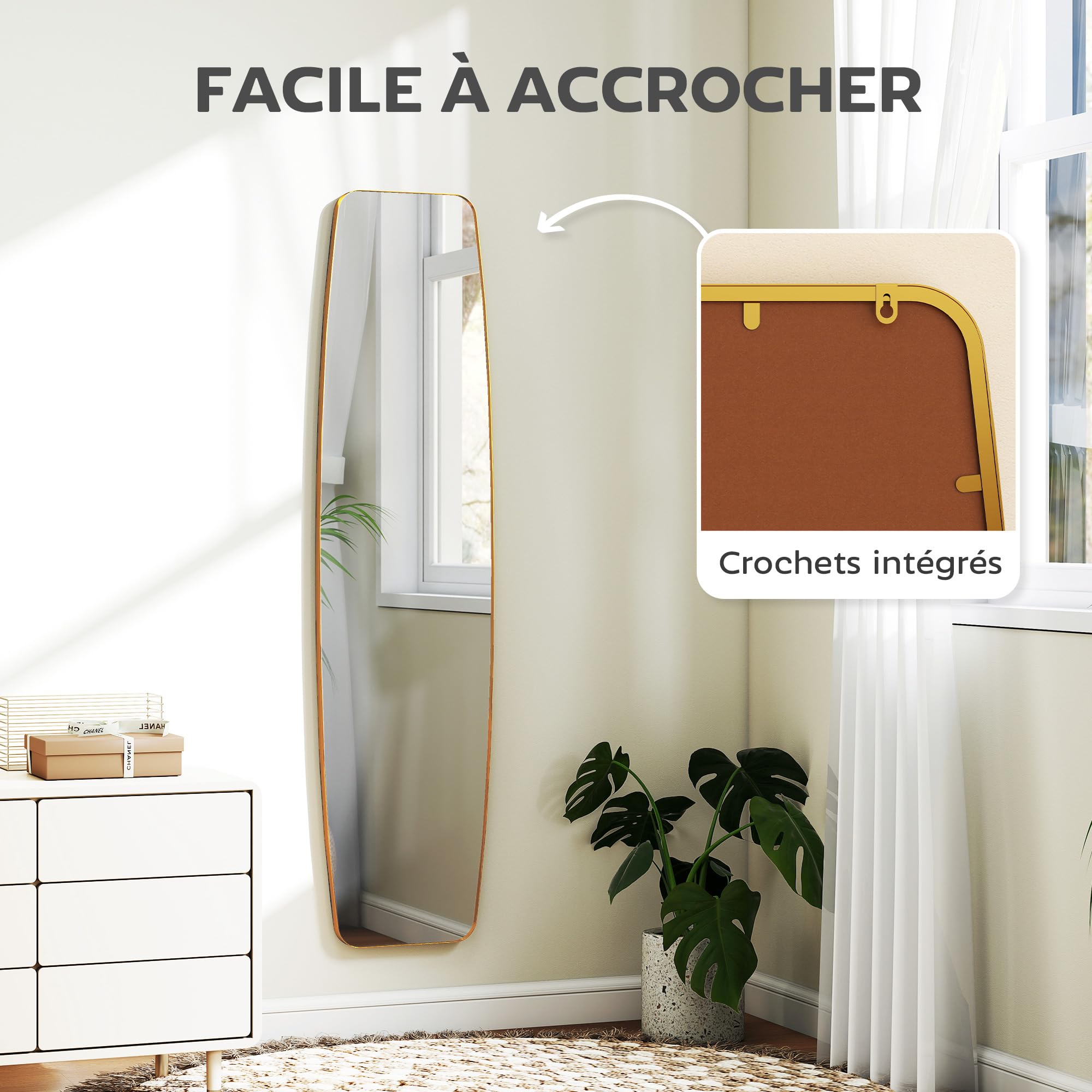 HOMCOM Grand Miroir Mural Ovale 160 x 40 cm, Miroir Suspendu Moderne, Cadre en métal et Bois, prêt à accrocher, pour Chambre, Salon, Dressing, entrée, doré