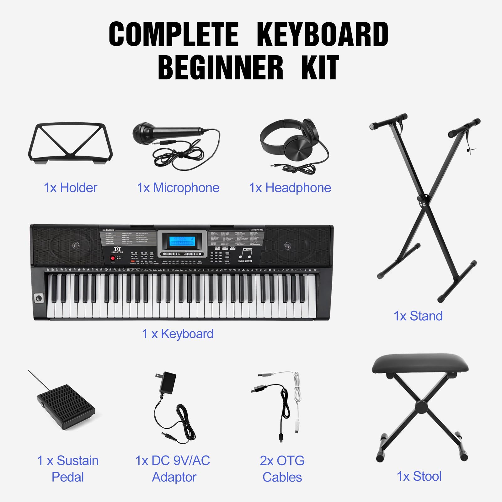 Mustar 61-Tasten-Keyboard-Klavier, elektronische berührungsempfindliche Tasten, tragbar, Kopfhörer, Mikrofon, Klavierständer und Hocker, Tasten in voller Größe, LCD-Bildschirm