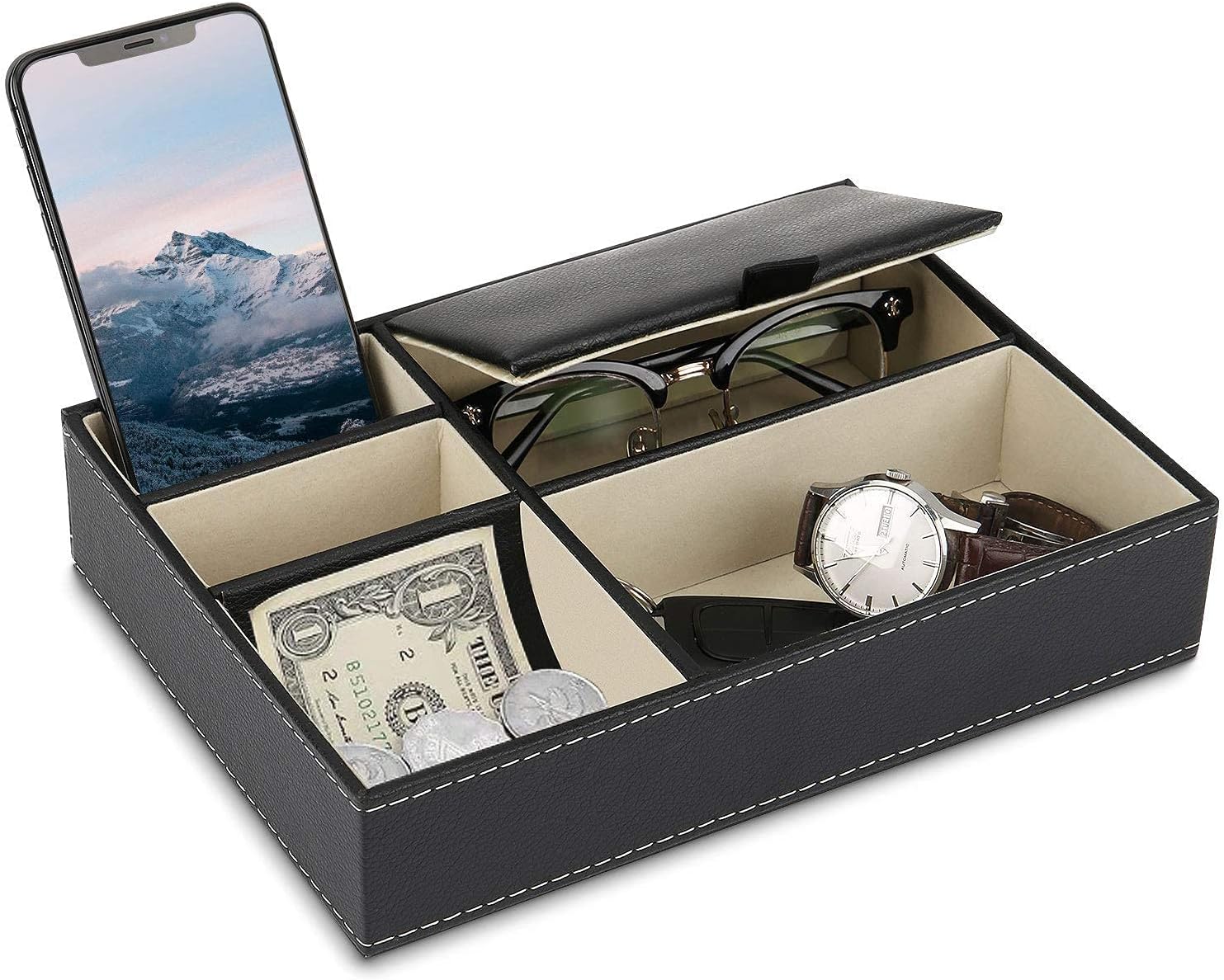 Baoyun Mens Valet Tray Leather Nightstand Dresser Top Edc Tray Catch all Organizer for Accessories with 5 Compartment