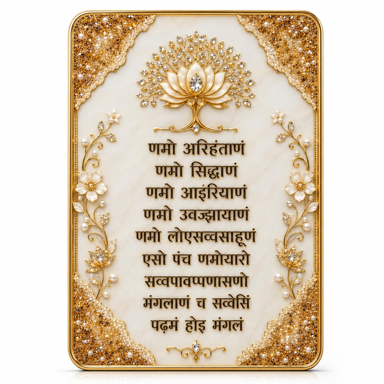 TATVA STUDIO Premium Jain Namokar Mantra Frame for Home Temple and Pooja Room, Crystal Embedded 8mm MDF Plaque with Epoxy Resin Art, High Gloss Finish and Golden Frame (Champagne Lotus Radiance, 9*12 In, Standard MDF)-picture-22