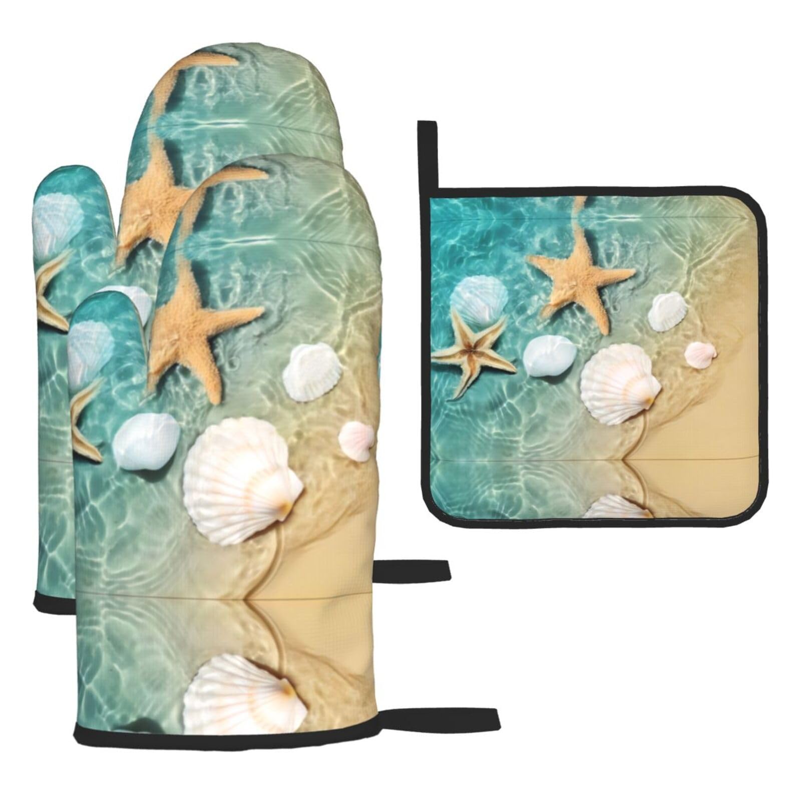 Starfish and Seashell Pattern Printed Oven Mitt Set 3-Piece | Heat Resistant Gloves & Pot Holder Mat for Cooking, Baking & BBQ