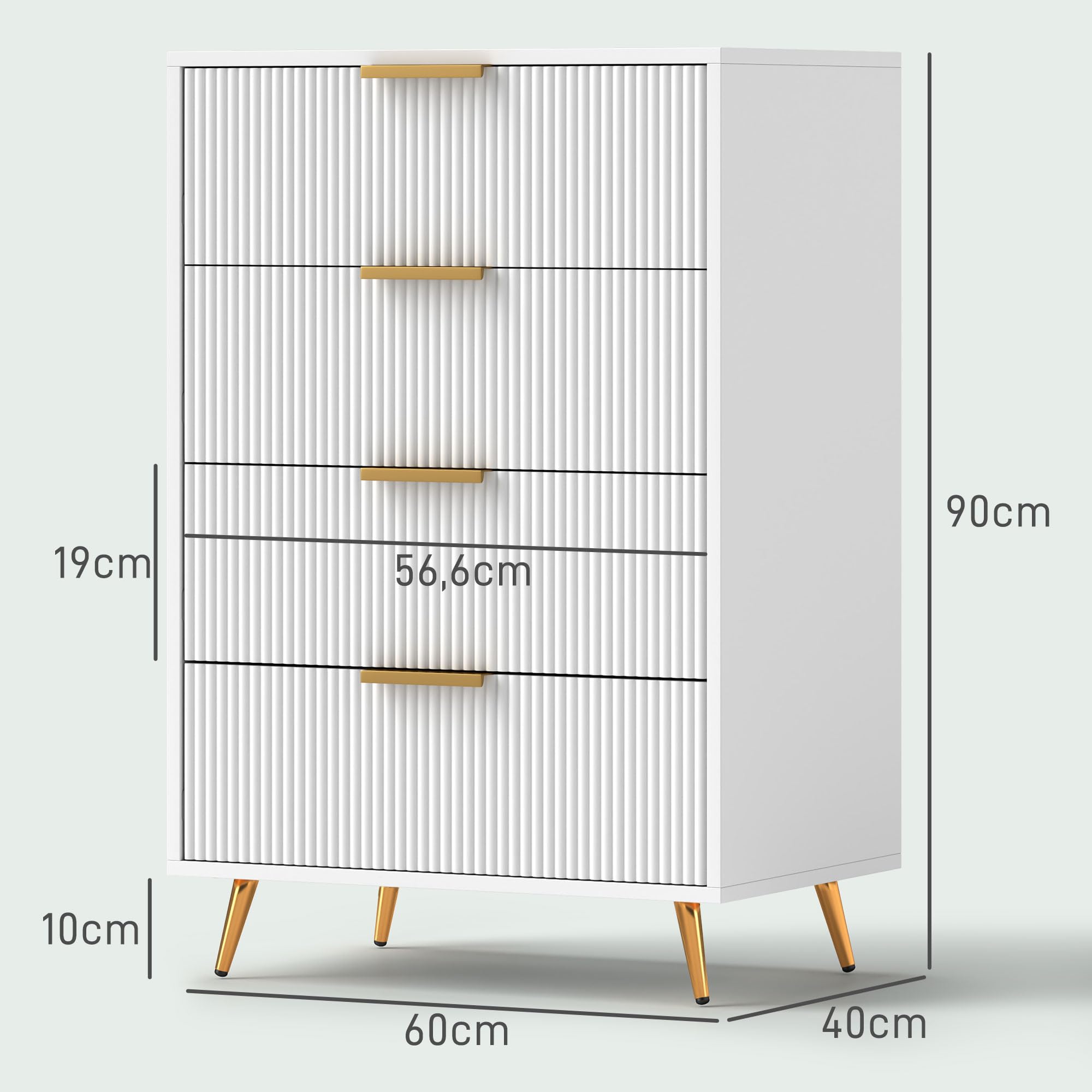 HOMCOM Cómoda con 4 Cajones Frentes con Diseño Ondulado 60x40x90 cm Blanco | Cómoda de Dormitorio Moderno, Anti-vuelco, Cajonera para Salón Pasillo