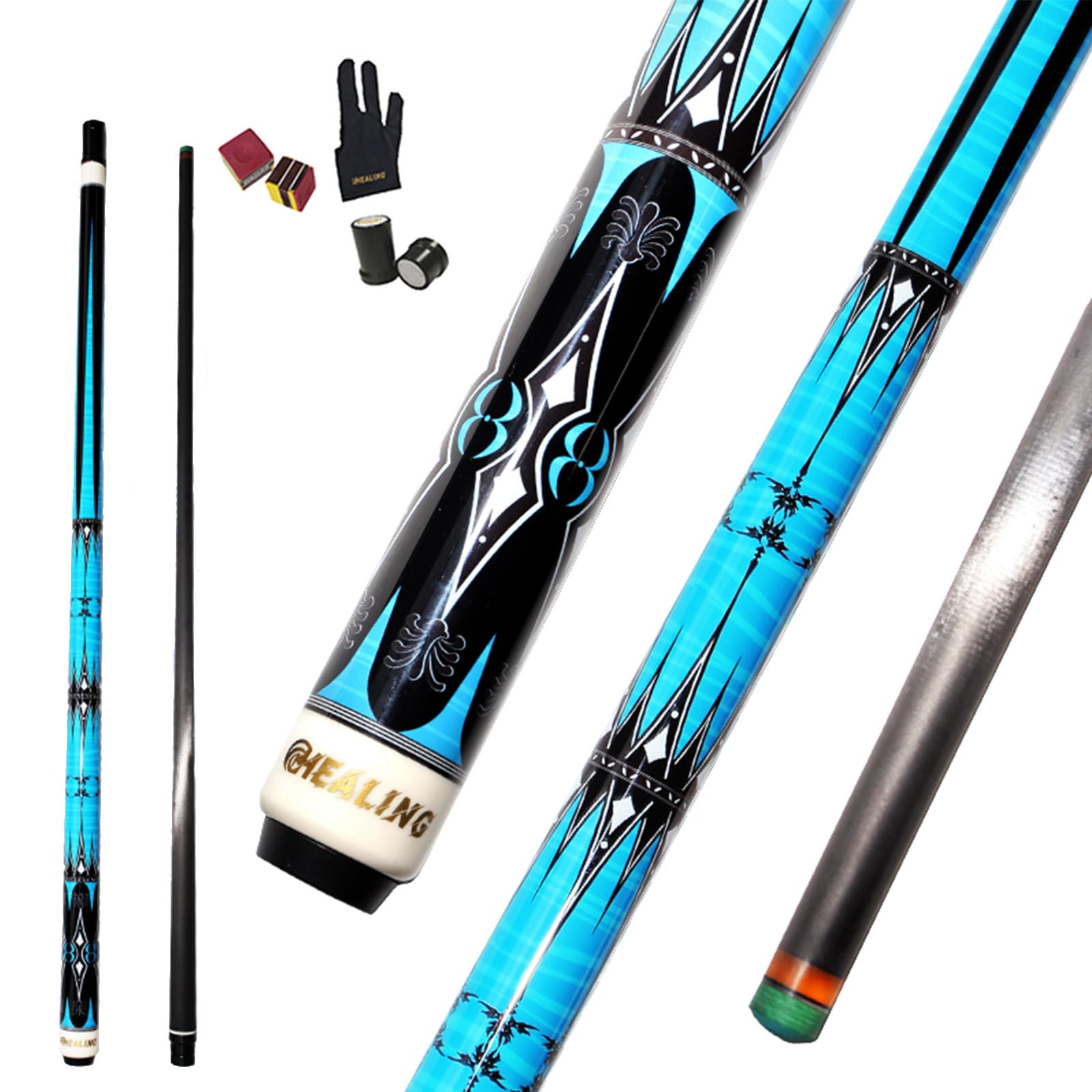 KHEALING Queue De Billard en Fiber de Carbone de 58 Pouces, Fournitures de Billard à Pointe de 12.4mm, Connecteur à 8 Dents, Convient au Billard Français, 8 Boules, 9 Boules, 19-20 Oz