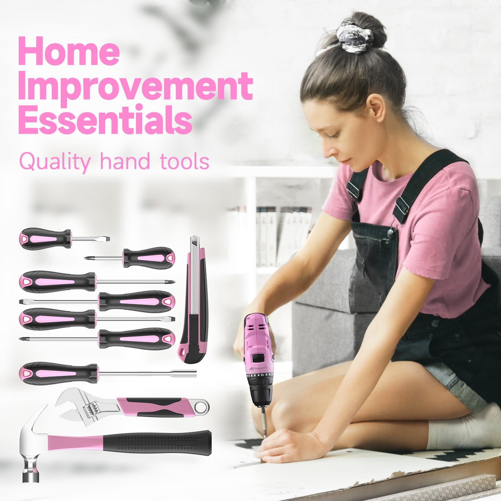 PULITUO 20V Set de Taladro Atornillador Batería Rosa, Kit de Taladro con Batería y Cargador, Regulación 2 Velocidades, Portabrocas 3/8", 21+1 Niveles de Par, LED, Set Eléctrico