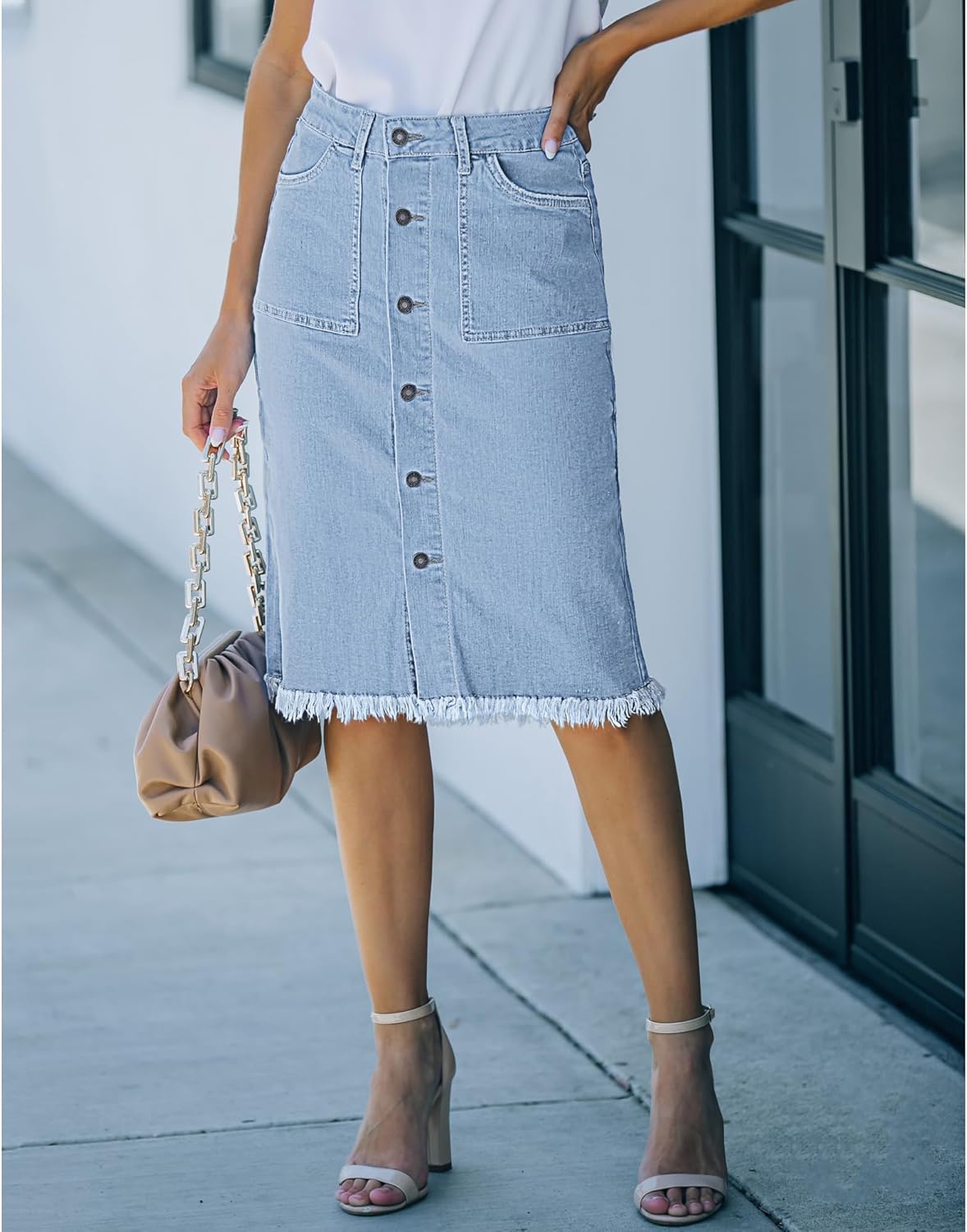 luvamia Women's Casual Mid Rise Button Down Frayed Raw Hem Denim Jean Midi Skirt - Image 7