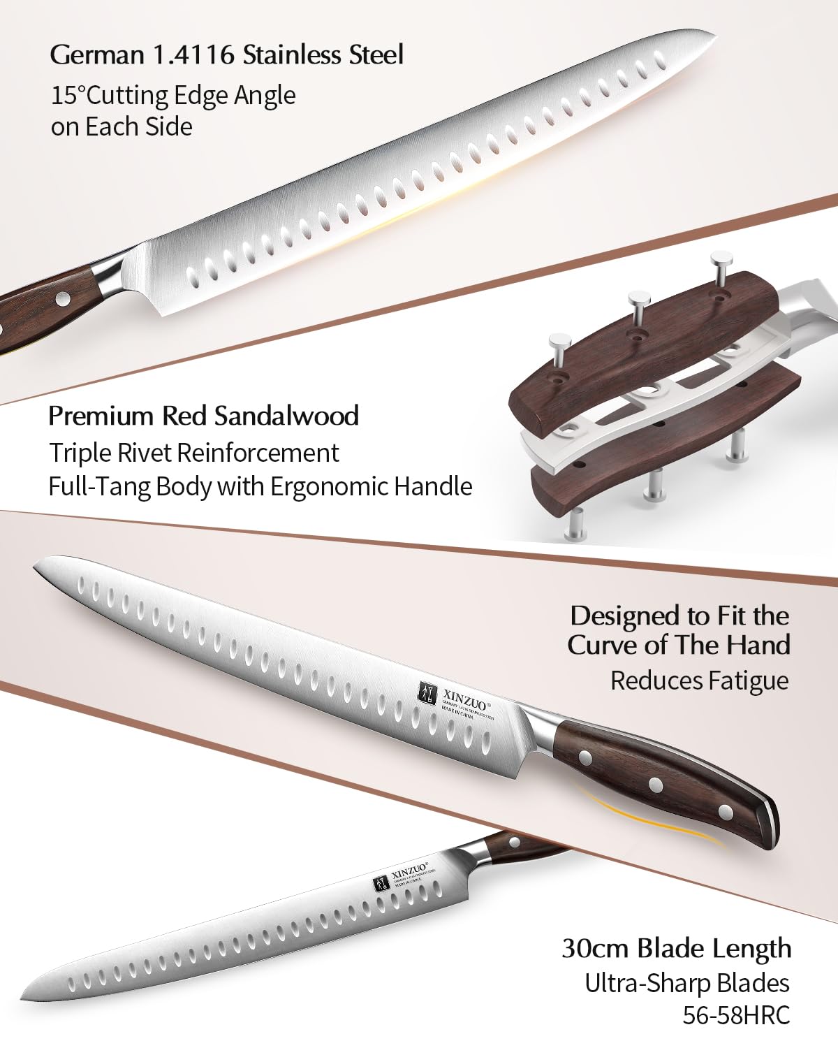 XINZUO Edelstahl 30cm Tranchiermesser, scharf Schinkenmesser Deutschem 1.4116 Edelstahl Küchen Brisketmesser,Profi Aufschnittmesser Koch Fleischmesser,Full Tang Griff Red Sandalwood,mit Geschenkbox