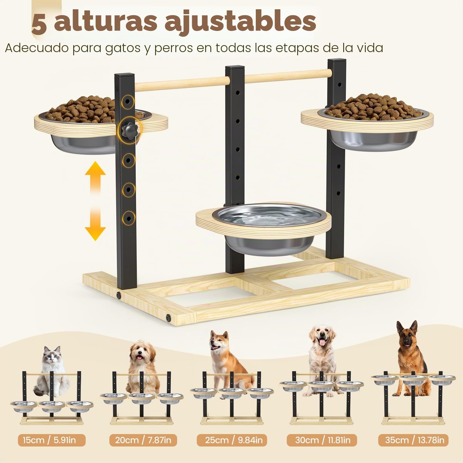 Cuenco Elevado para Perros, 5 Cuencos Ajustables en Altura con 3 Cuencos de Acero Inoxidable de 1400 ml y Cuencos elevados de Madera para Perros, Soporte para comedero