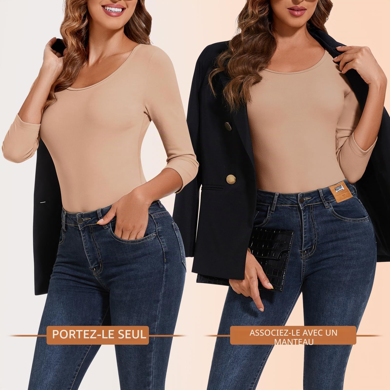 Haut Thermique Femme Thermolactyl Women's T-Shirt Thermiques Manches 3/4 Col Rond Pull Shirt Thermal sous Vetements Chauds d'hiver Maillot De Corps