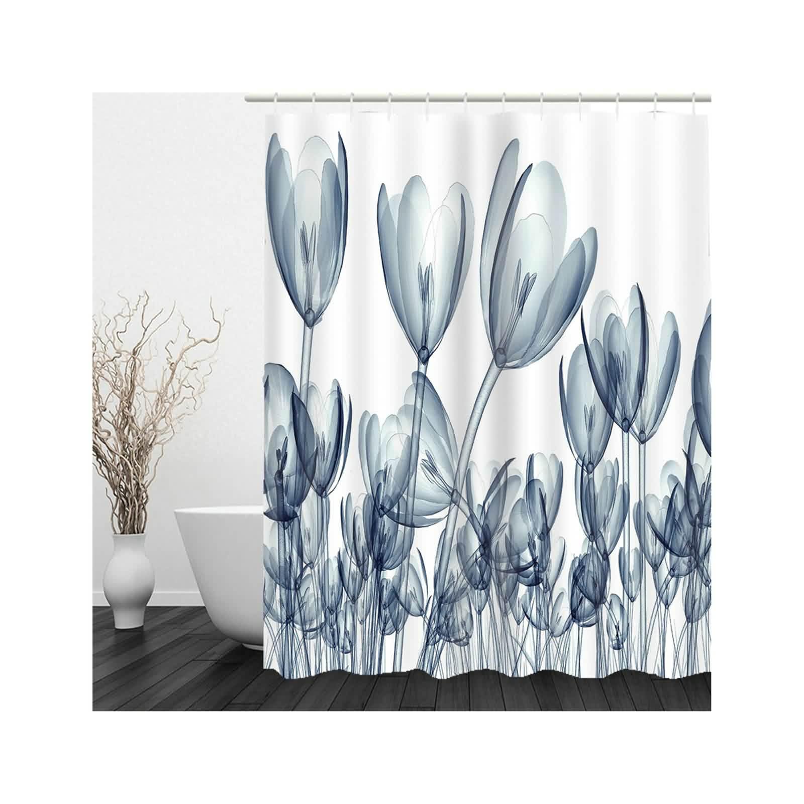Rideau Douche Et Tapis Bain Occultant Fenetre Salle sans Percage Fleurs Retro Grand Rideaux Bleu Foncé Parfait pour Les Salles Bains Familiales 220x180cm