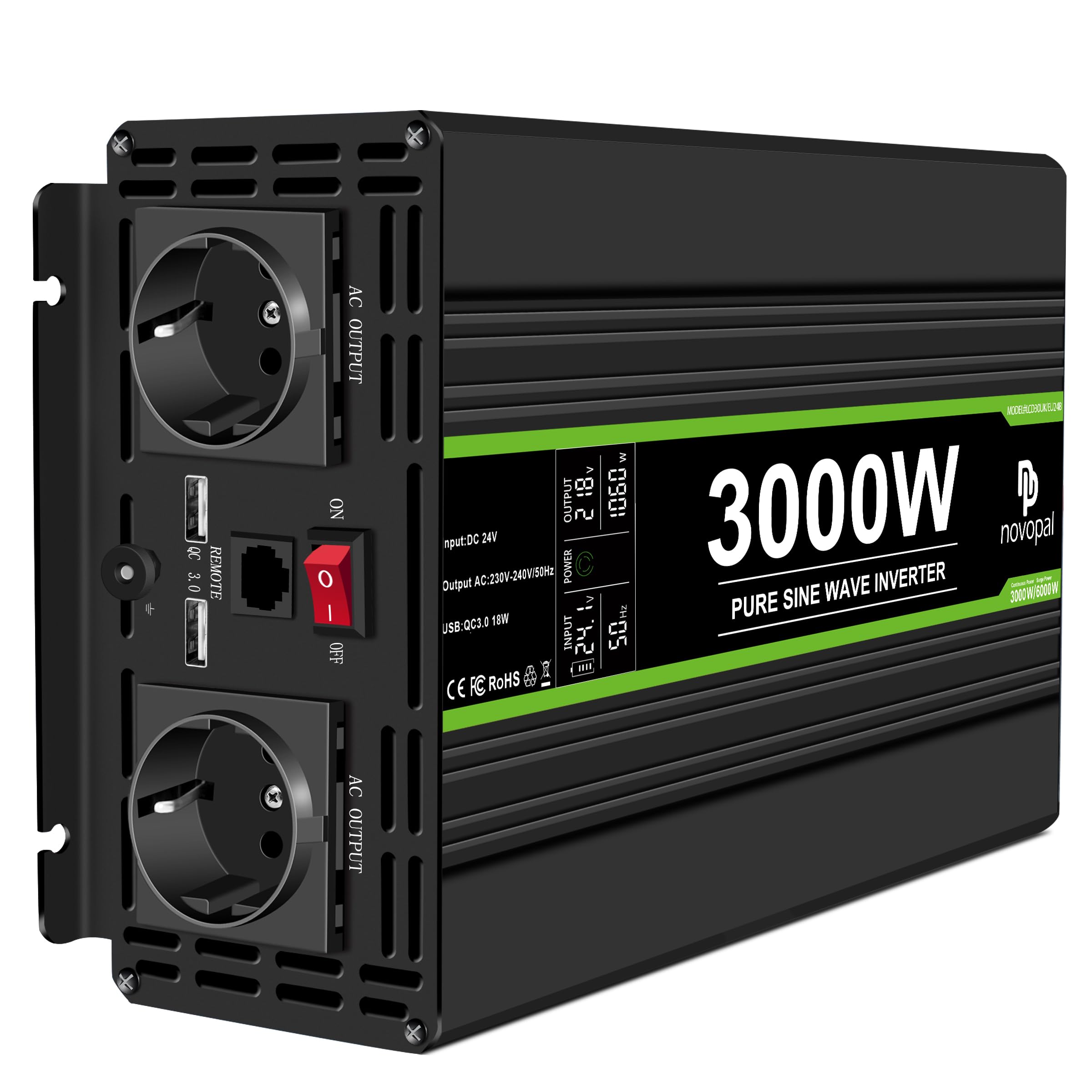 Novopal 3000W Onda Sinusoidale Pura Power Inverter DC 24V in AC 220V con Display LCD Codici di Errore,2 EU Presa con USB QC3.0 18W,5M di Telecomandoper per Camion Camping Macchina da Caffè