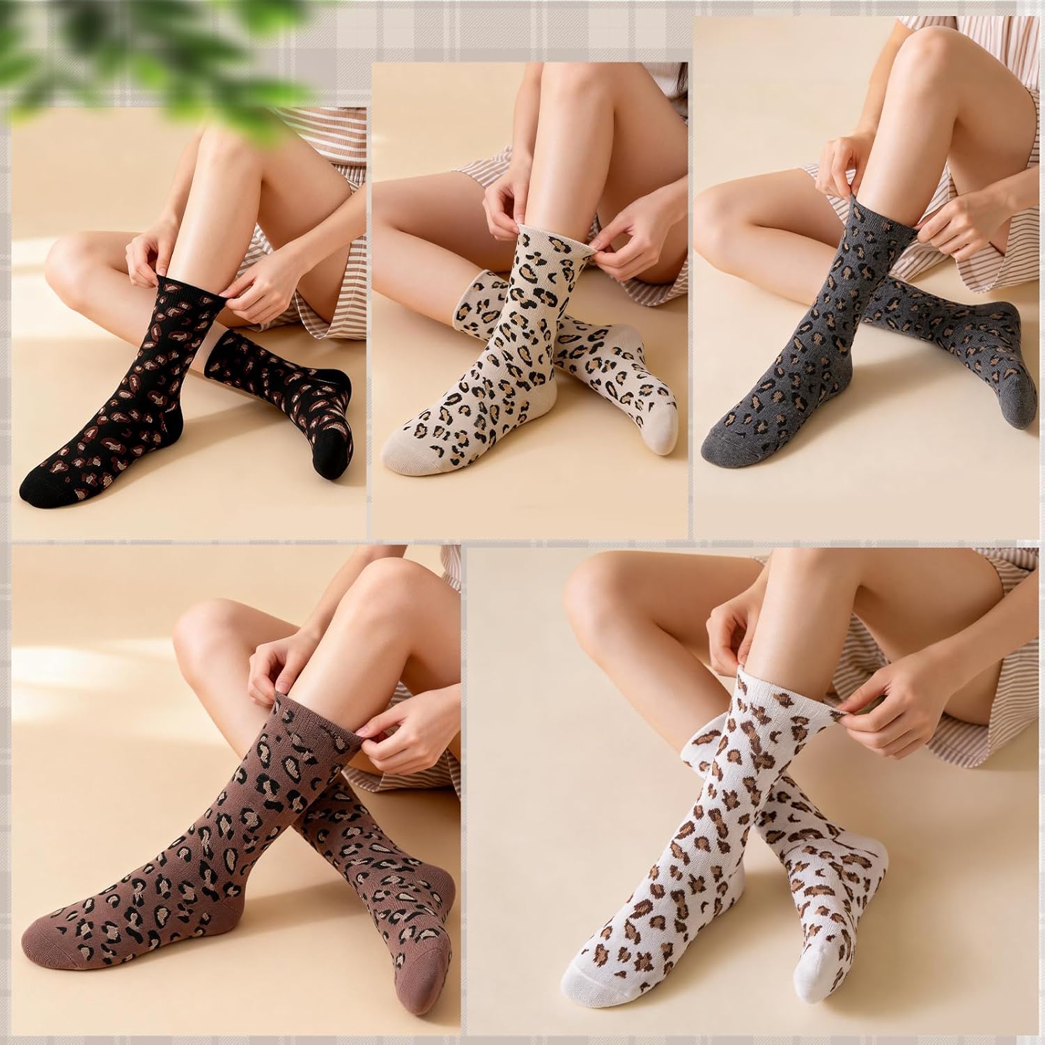 Leopard Print Mid-Calf Socks 5-Pairs Pack, Neutral Colors Ankle Socks for Women, Soft Breathable Cotton Blend - Image 2