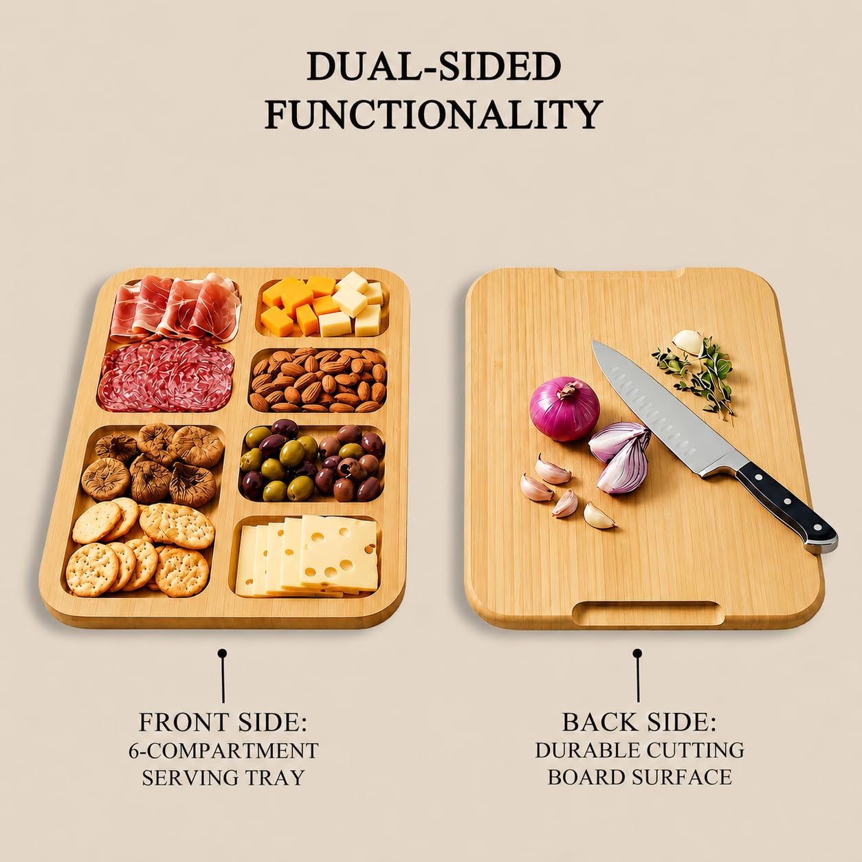 Servierplatte mit Deckel aus Bambus | Charcuterie Board – Käseplatte mit 6 Fächern & Tragegriff, Holzbrett für die Küche, tragbare Snackplatte als Einweihungsgeschenk für Frauen und neues Zuhause