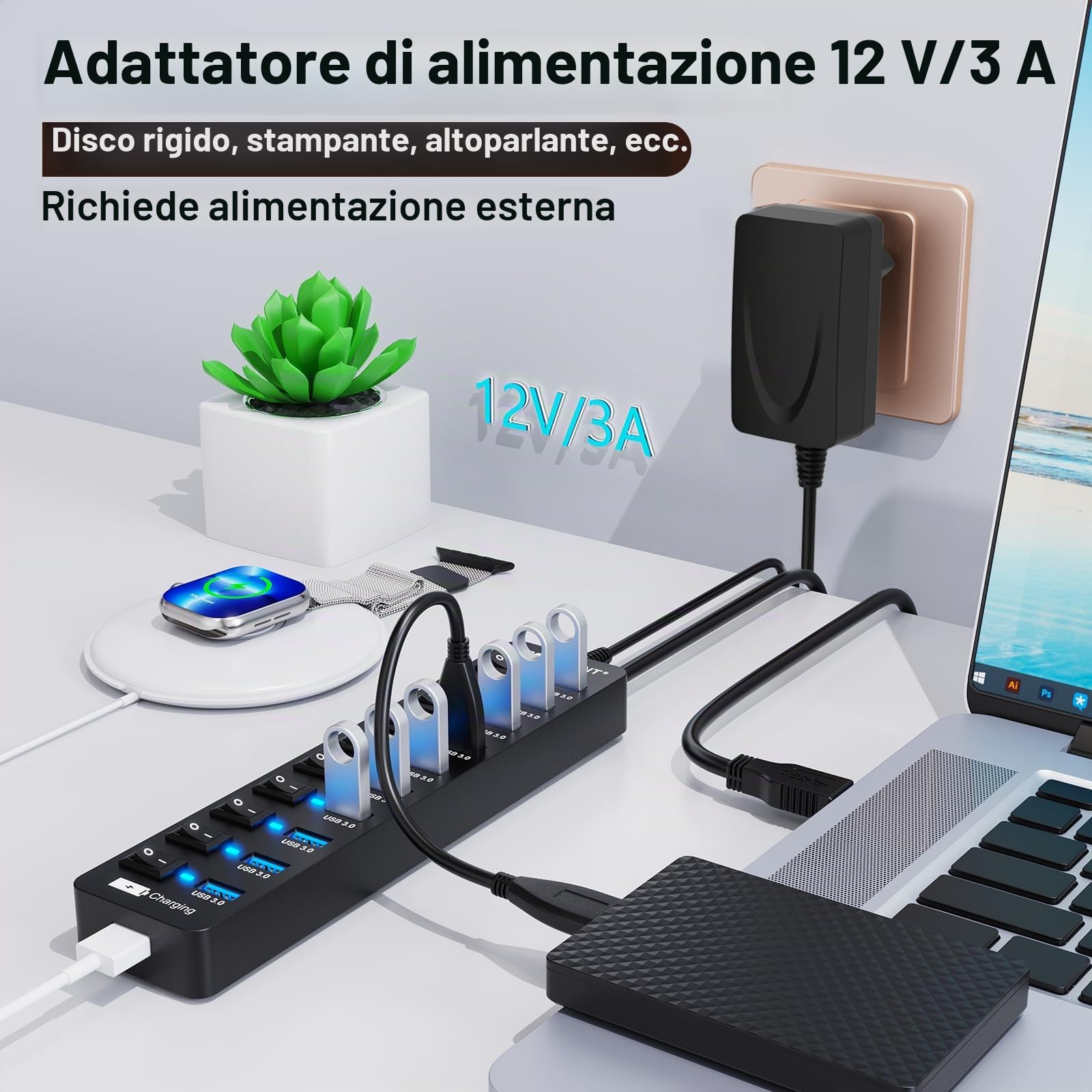 Hub USB attivo 3.0 con alimentatore di rete, VEMONT 11 porte USB con 12 V/3 A | Splitter USB (10 porte 3.0 e 1 porta di ricarica intelligente) con interruttore individuale e cavo lungo 1,2 m per PC/laptop