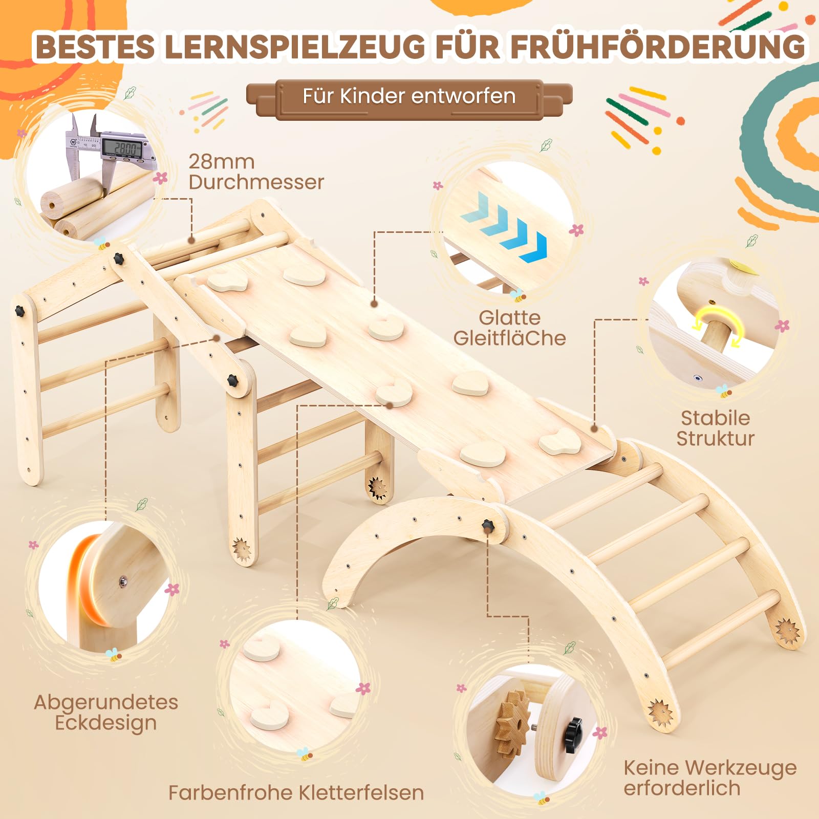 8-in-1 Montessori Klettergerüst Indoor Set, Verformbares Kletterdreieck mit Rutsche, Kletterbogen und Kreidetafel, Ideal für Babys & Kleinkinder 1-6 Jahre, Fördert Spiel, Bewegung und Kreativität