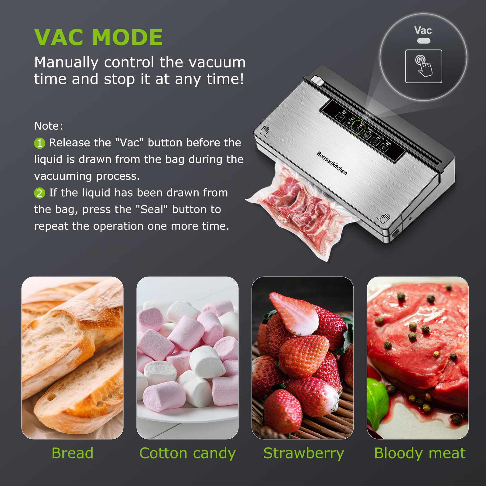 Bonsenkitchen Vacuum Sealer Machine 80KPA Powerful, 5-in-1 Food Sealer, Globefish Technology for High-Speed Continuous Working, Built-in Cutter & Bag Storage, Fully Starter Kits, Stainless Steel