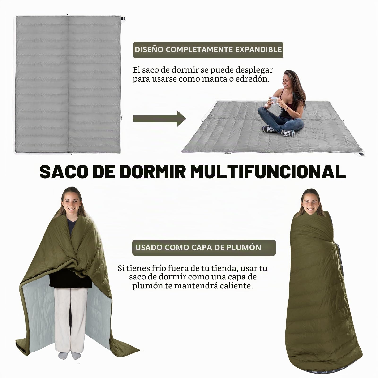 [Plumón] Saco De Dormir Adulto Multifuncional [ 4℃~12℃,1.06 kg ] Ultraligero Sleeping Bag, Camping y Senderismo, 3~4 Estaciones, Compacto y Lmpermeable