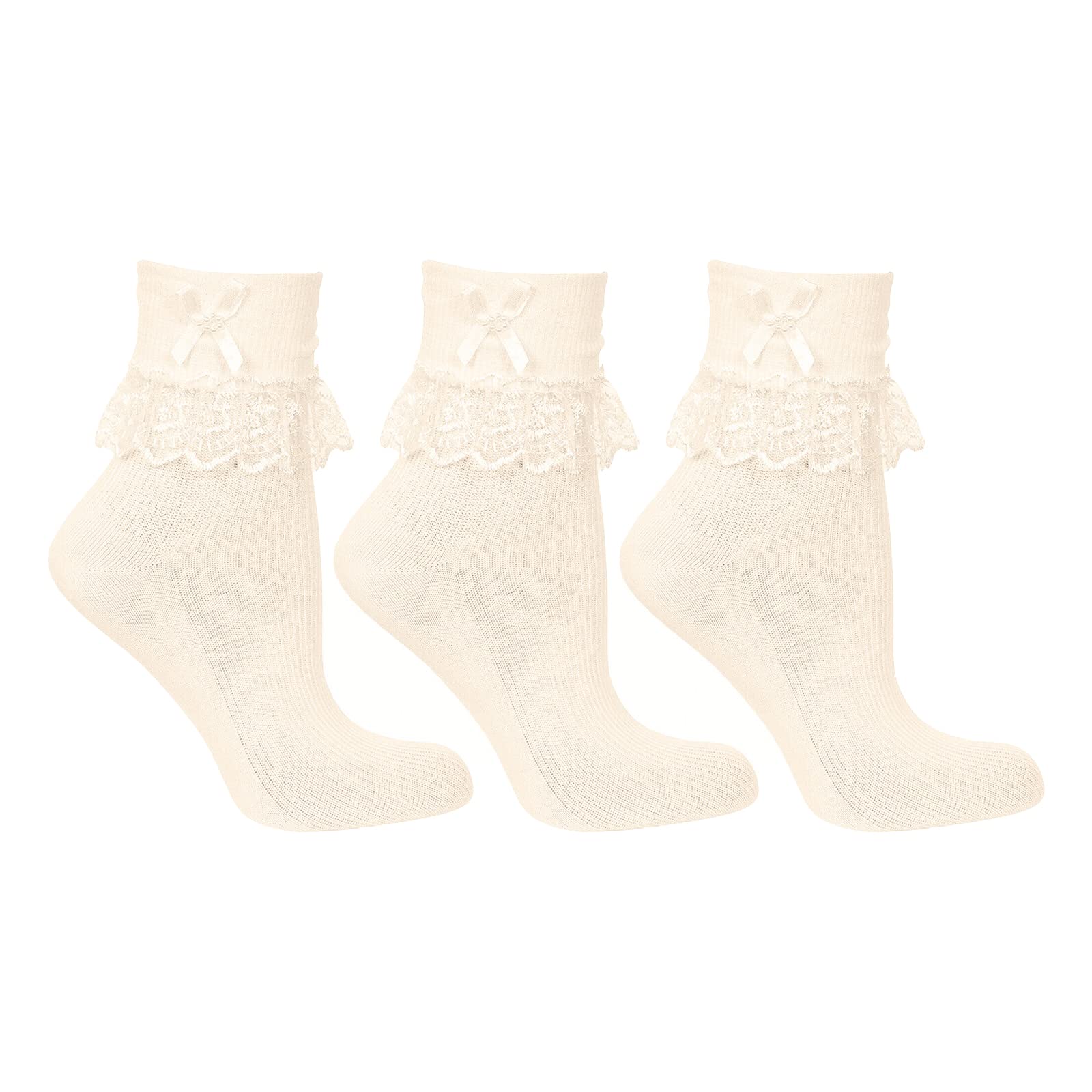 Undercover Girls 3 Pairs - Ivory Lingerie 3 Pairs Jester Frilly Lace Bow Ankle Socks Ivory 0-2.5