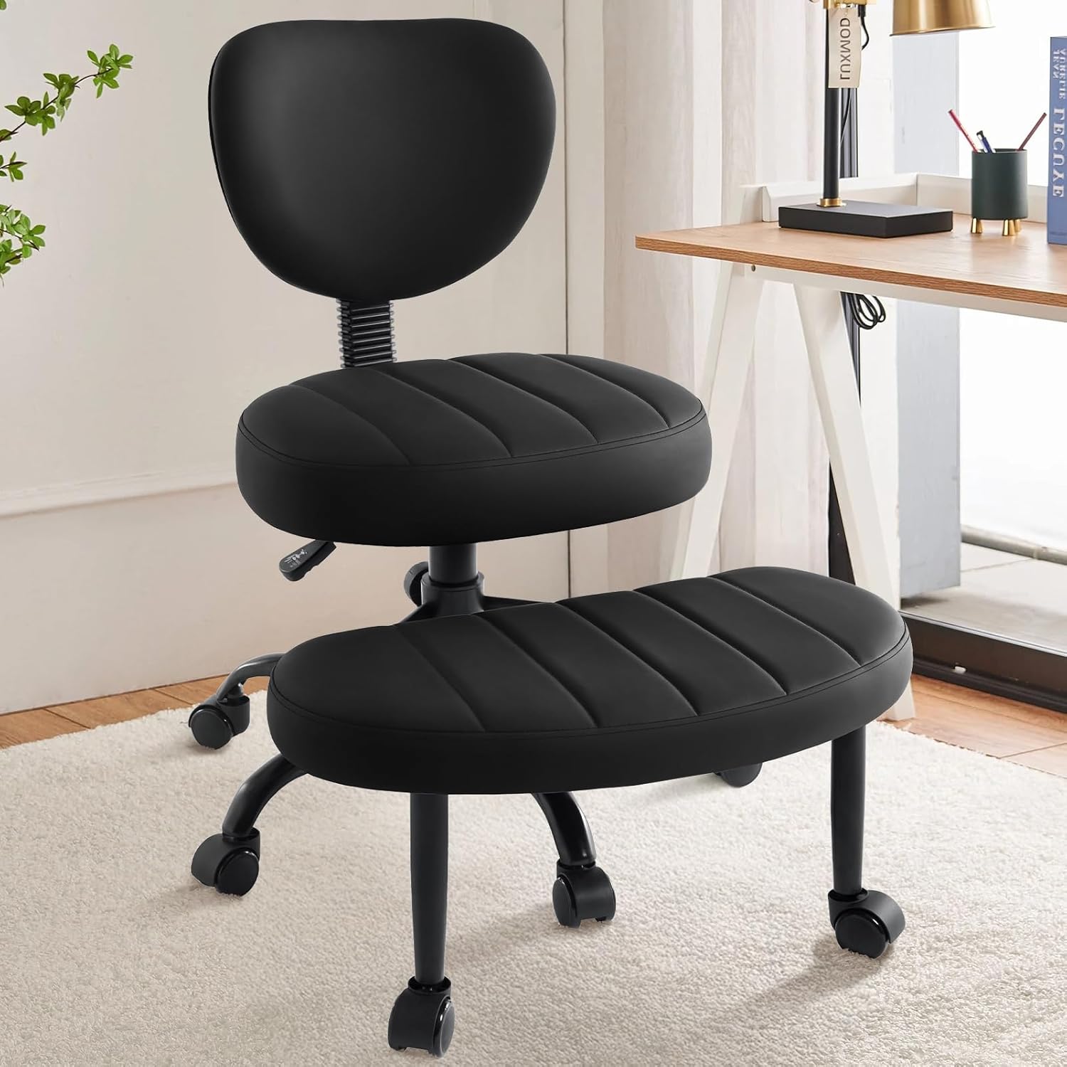Cross Legged Chair, ADHD Criss Cross Home Office Chair with Wheels, Adjustable Height Yoga Ergonomic Kneeling Desk Chairs with Lumbar Support & 360°Rotating Footrest for Meditation (Black)