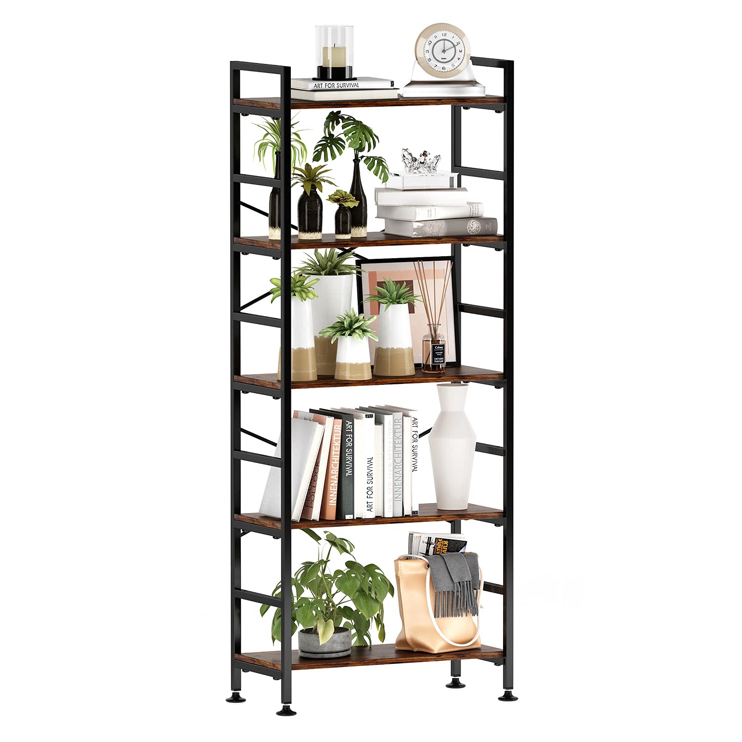 Buy CosyStar 5Tier Adjustable Tall Bookcase, Rustic Wood and Metal