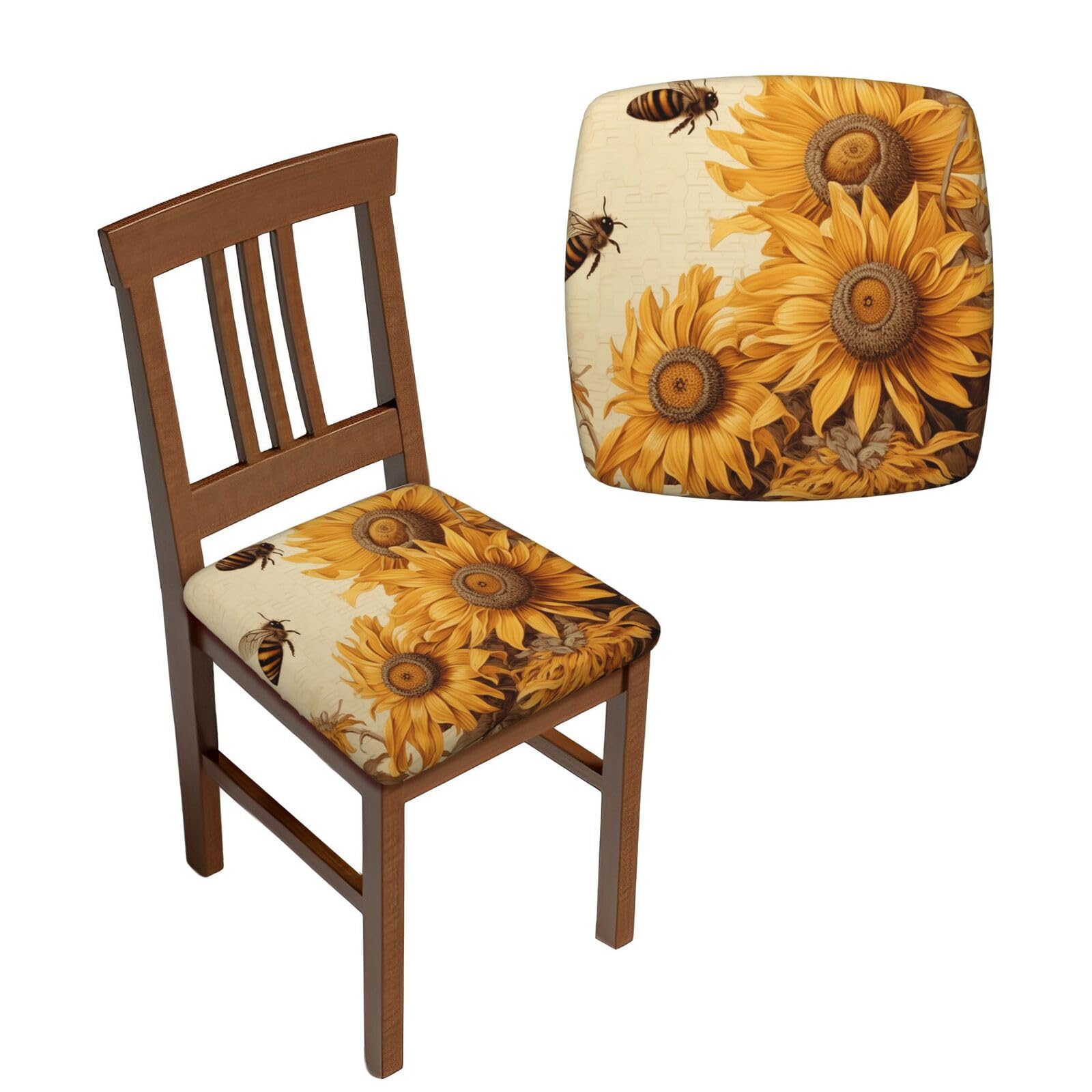 NONHAI 6PCS Dining Chair Seat Covers Set Bees and Sunflowers Stretch Removable Chairs Covers Washable Seat Cushion Slipcovers Protector for Dining Room Kitchen Chairs