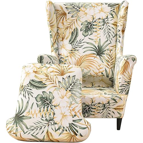 Printed Wingback Armchair Slipcovers 2 Pieces Wingback Chair Cover Stretch Sofa Slipcover Armchair Covers Wing Chair Furniture Protector with Elastic Bottom for Bedroom Living Room Hotel