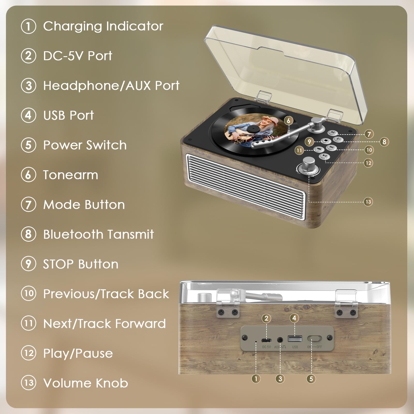 Gueray Tragbarer Bluetooth CD-Player mit Lautsprechern 3600mAh Wiederaufladbarer Vintage CD Spieler für Zuhause, Retro Eichenholz CD Players FM-Radio mit Fernbedienung, Unterstützt USB AUX Wiedergabe