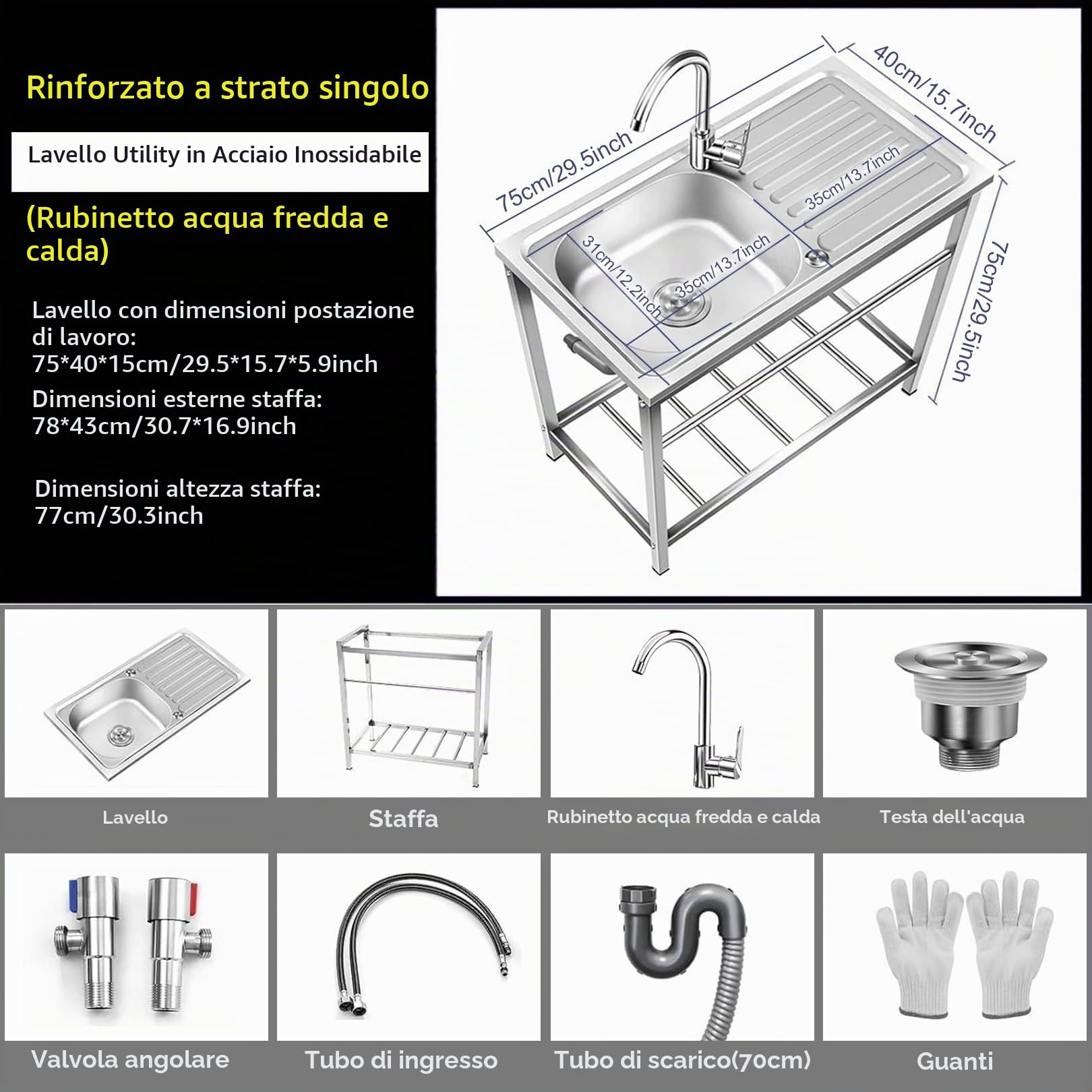 Lavabo Utilitario Autoportante, Acciaio Inossidabile 304, Lavello da Cucina a Una Cuve con Rubinetto per Acqua Calda e Fredda Lavello da Esterno per Giardino, Garage o Lavanderia(Single layer)