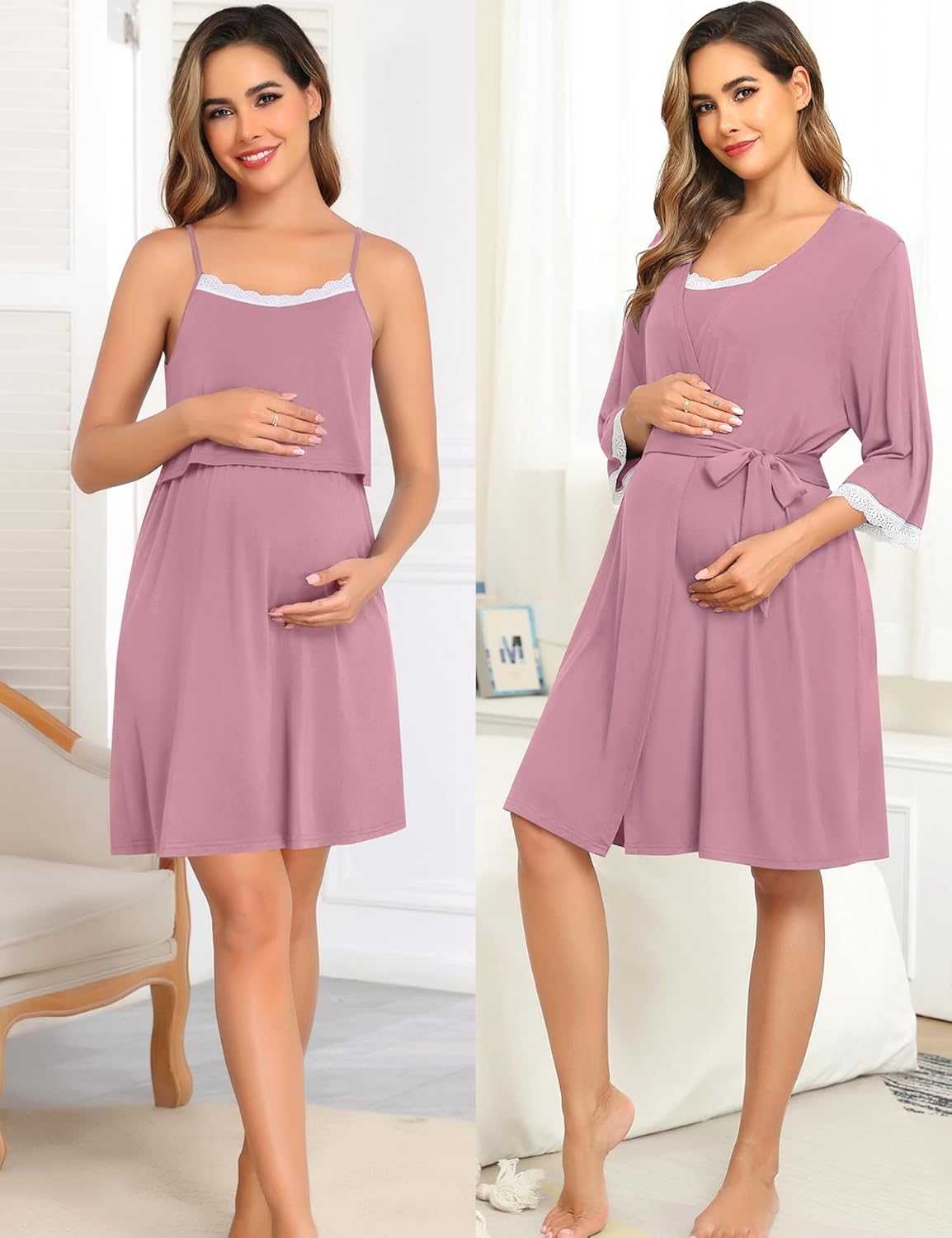 SWOMOG Lace Maternity Nursing Gown and Robe Set Double Layer Labor Delivery Nursing Hospital Nightgowns for Breastfeeding - Image 2