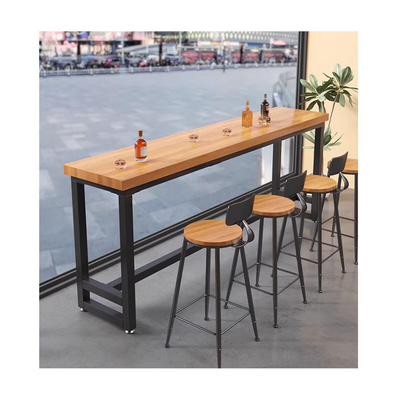 Tavolo da bar in legno massello industriale da 160 cm, altezza stretta, tavolo da pranzo per cucina, caffetteria, sala breakroom, noce chiaro h (sgabelli non inclusi)