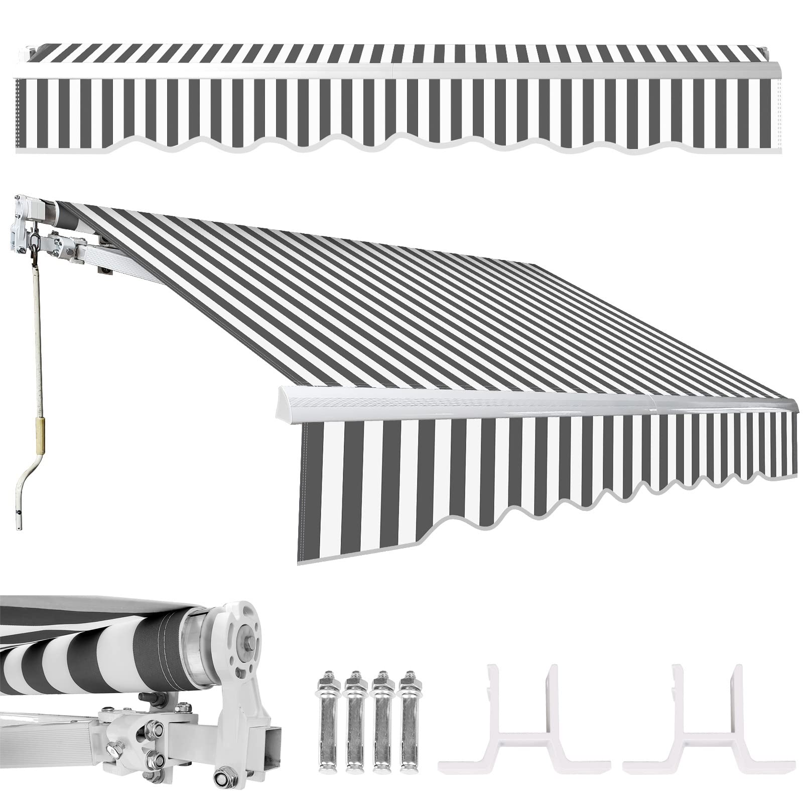 Tubiaz Toldo Manual con Brazo Articulado, 350x300cm Toldo Retráctil con Manivela, Protección Solar Anti-UV, Regulable en inclinación, para Jardin, Cafetería, Blanco Gris