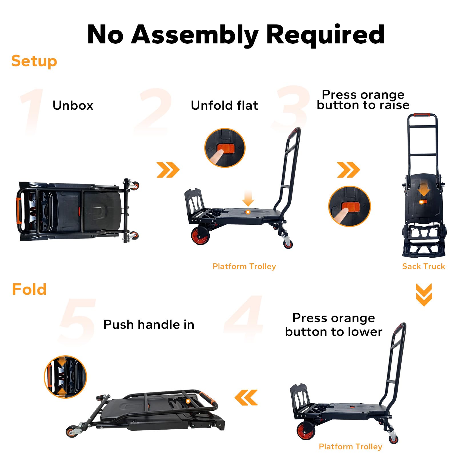 2-in-1 Sackkarre Klappbar 200 kg Tragkraft, Ohne Montage, Kombiniert Plattformwagen und Sackkarre – Ideal für Umzug & Garten, Orange