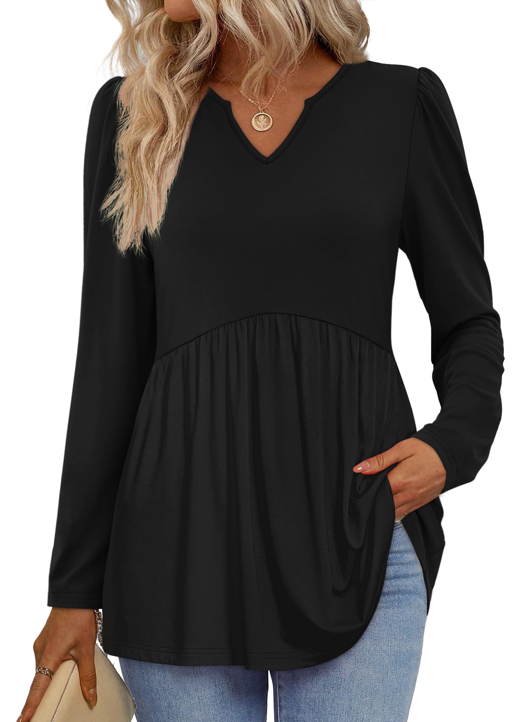 WIHOLL Womens Tops Long Sleeve Fall Shirts Babydoll Peplum Tops for Women V Neck Tunic Dressy Casual Blouses