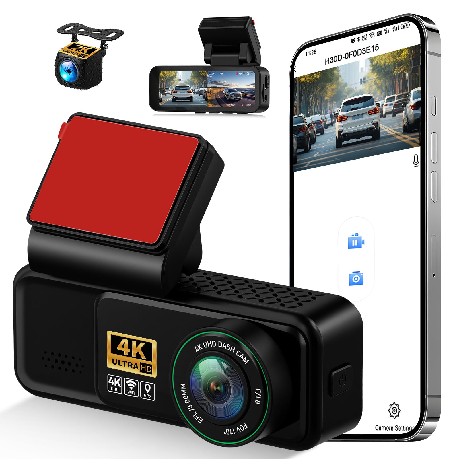 Dashcam 4K Anteriore e posteriore per auto, videocamera per auto 4K+2K FHD, videocamera per auto con GPS, ADAS, APP, Grandangolo 150°, visione notturna, sensore G, registrazione in loop