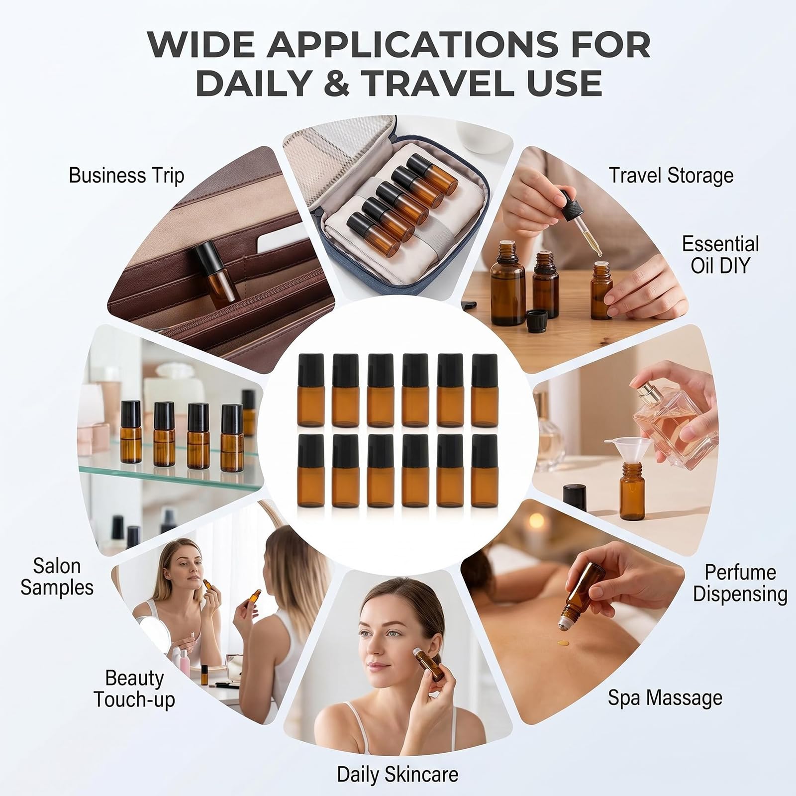 12 botellas pequeñas vacías de vidrio ámbar portátiles de 2 ml, para cosméticos, maquillaje, tamaño de viaje, frascos de almacenamiento, frascos enrollables para aceites esenciales, aromaterapia,