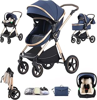 Shineey 3 in 1 Pram Pushchair Aluminium Frame High Landscape Combined Buggy Lightweight Folding Stroller 3 in 1 Travel System Pram for Newborns Toddlers 0-36 Months from Birth