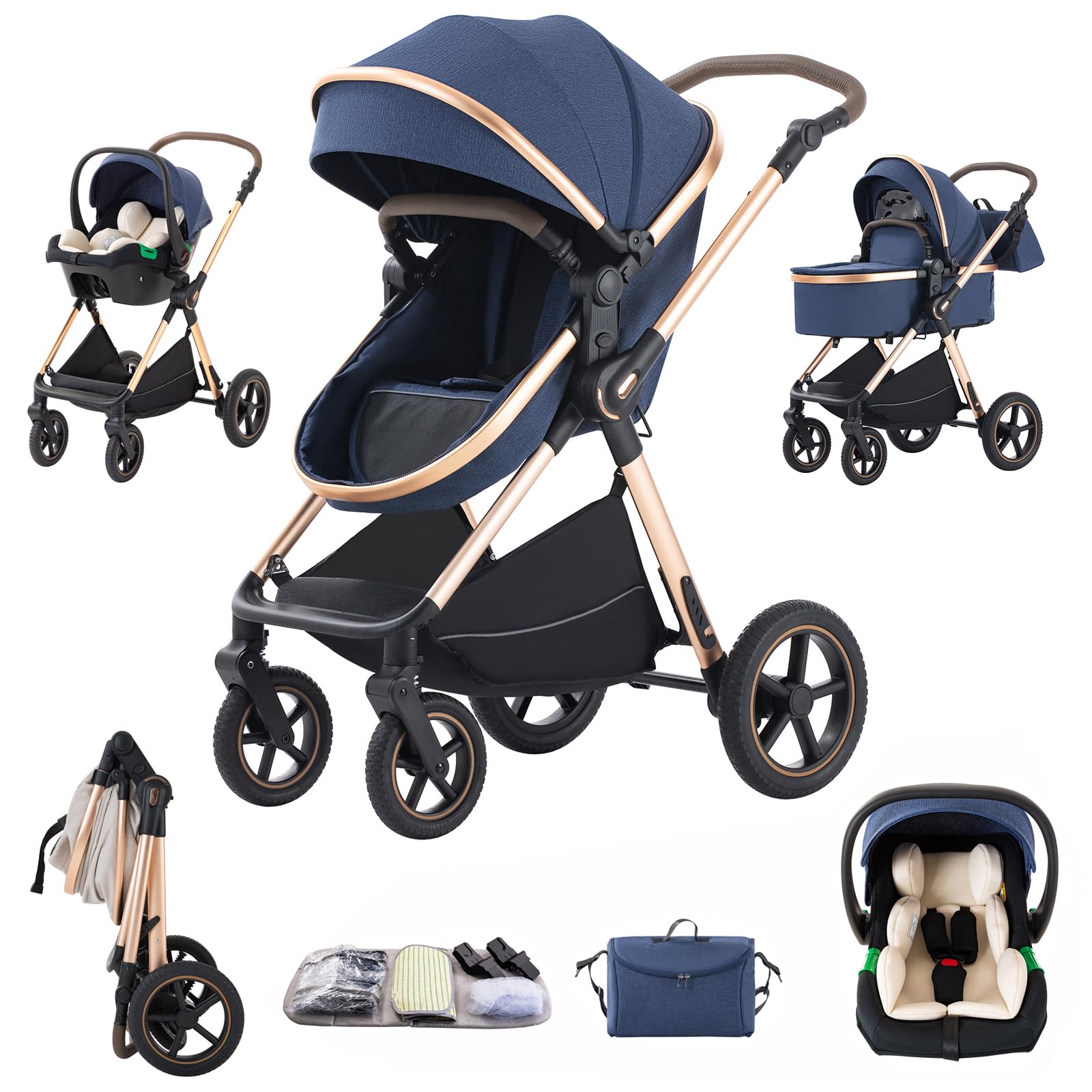 Poussettes 3 en 1 Citadines Poussettes Combinées Poussette Tricycle Baby Walker Poussette Haute Paysage Poussettes Landau pour 0-36 mois Pliantes Trolley Bébé (D2-BLUE, H2-D)