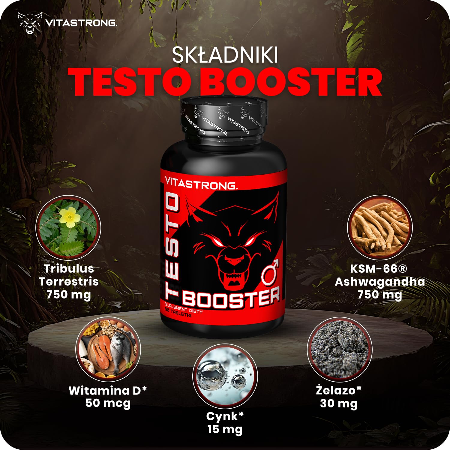 Vitastrong TESTOBOOSTER JEDYNY ORYGINALNY z Patentowanymi Składnikami | Szybkie i Skuteczne Działanie, Wsparcie Czystej Masy Mięśniowej, Tribulus Terrestris, Ashwagandha