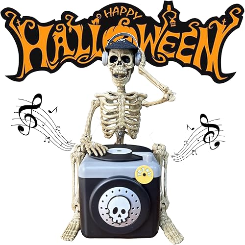 Decoraciones de esqueleto de Halloween para interiores, decoración animada de Halloween, reproductor de DJ con música, animatrónicos de mesa para