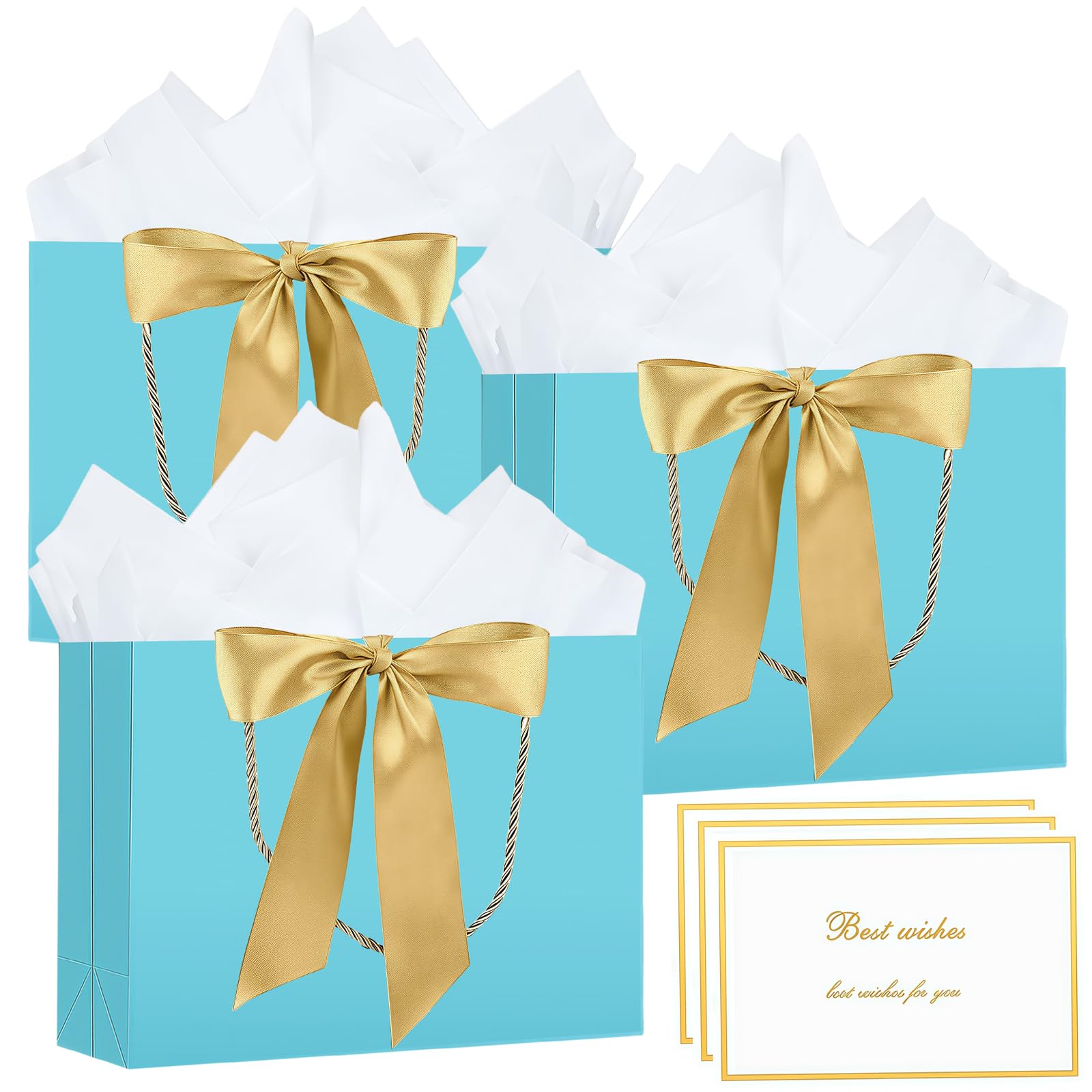 3 Pack Medium Gift Bags with Tissue Paper and Cards, Light Blue Paper Present Bags with Handles for Birthday Baby Shower Wedding Christmas G-ifts, 28 x 20 x 10 cm