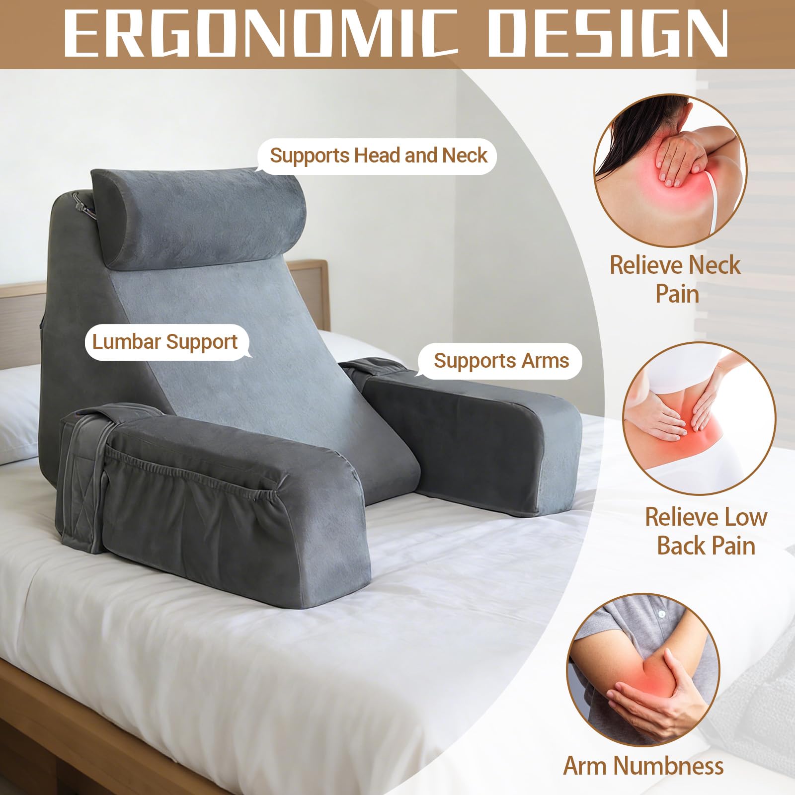 Cojín de lectura para cama y sofá, cojín lumbar con reposacabezas y reposabrazos extraíbles, cojín de respaldo para adultos, cojín de respaldo multifunción para leer, jugar, ver la
