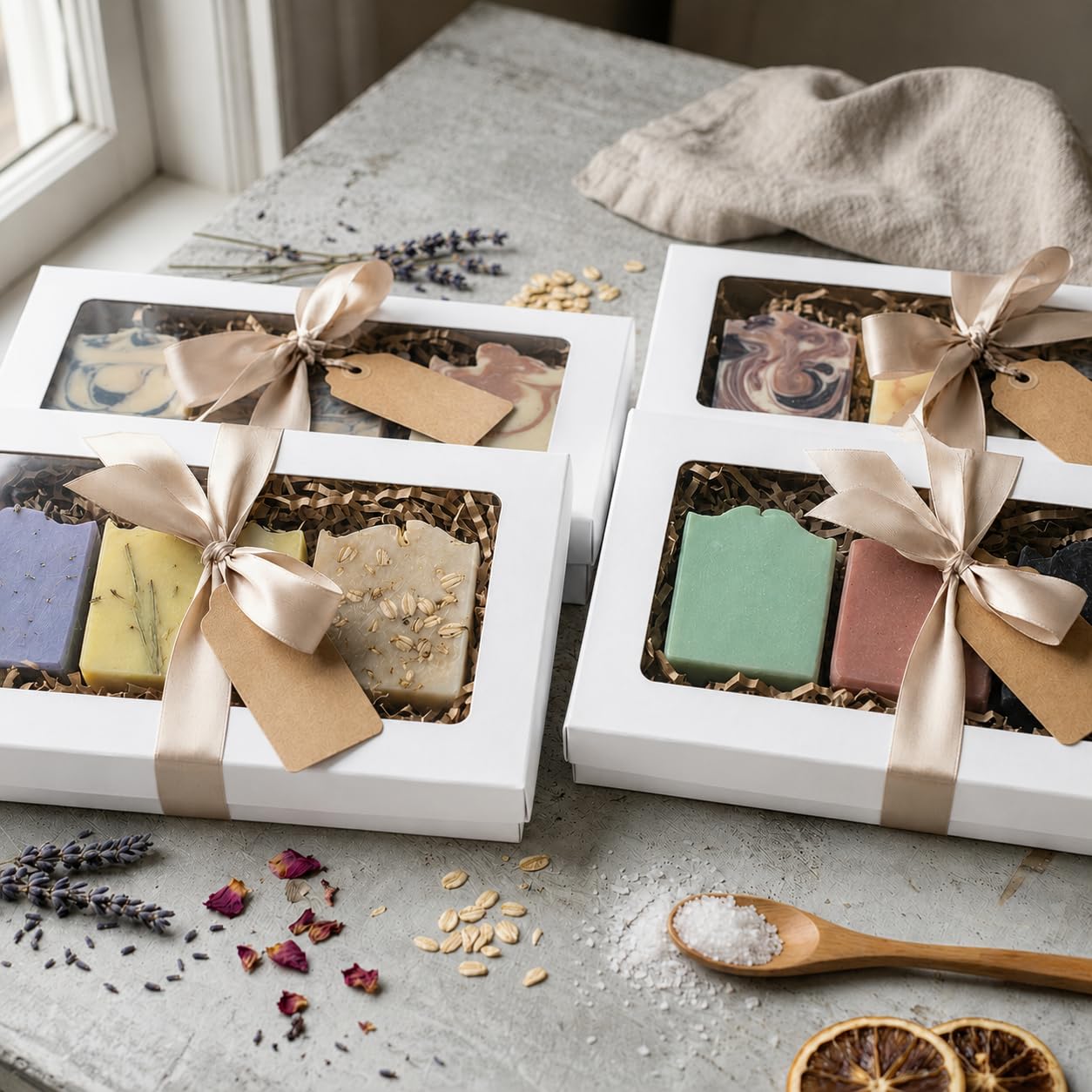 Emartbuy 36 Stück weiße Geschenkboxen Klarsichtfenster klein schmal 21x12,5x2,5cm | Mit goldfarbenem Satinband, recycelbare Kraft-Geschenkbox für Geschenkkörbe, Leckereien, Hochzeiten und Gastgeschenke