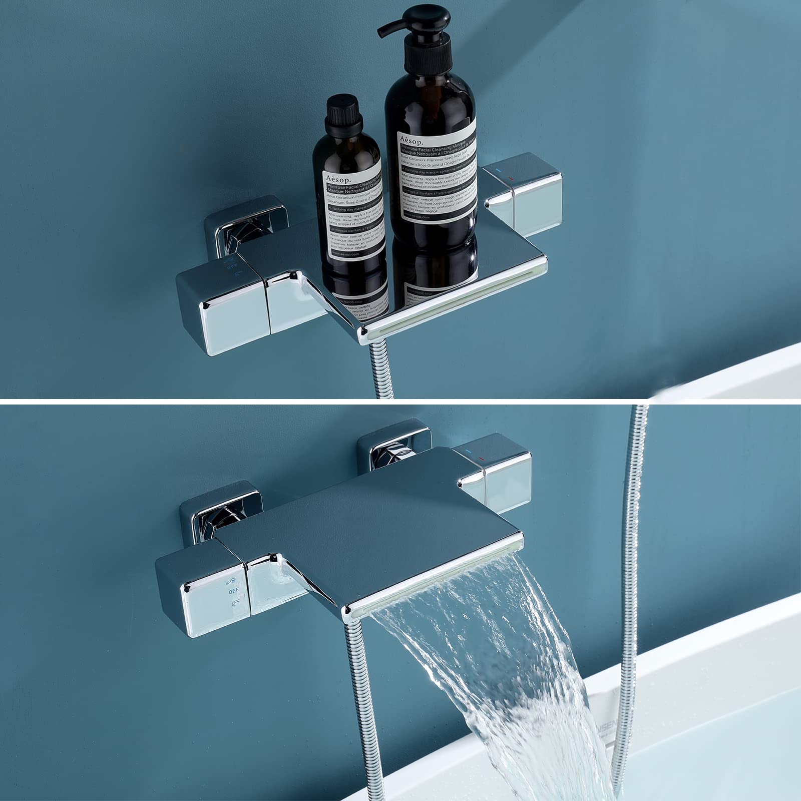 SHANFO Grifo de Bañera Cascada Con Termostatico de Ducha Montado en la Pared Grifo Grifo de Baño Mezclador Cromo 4Y1OK