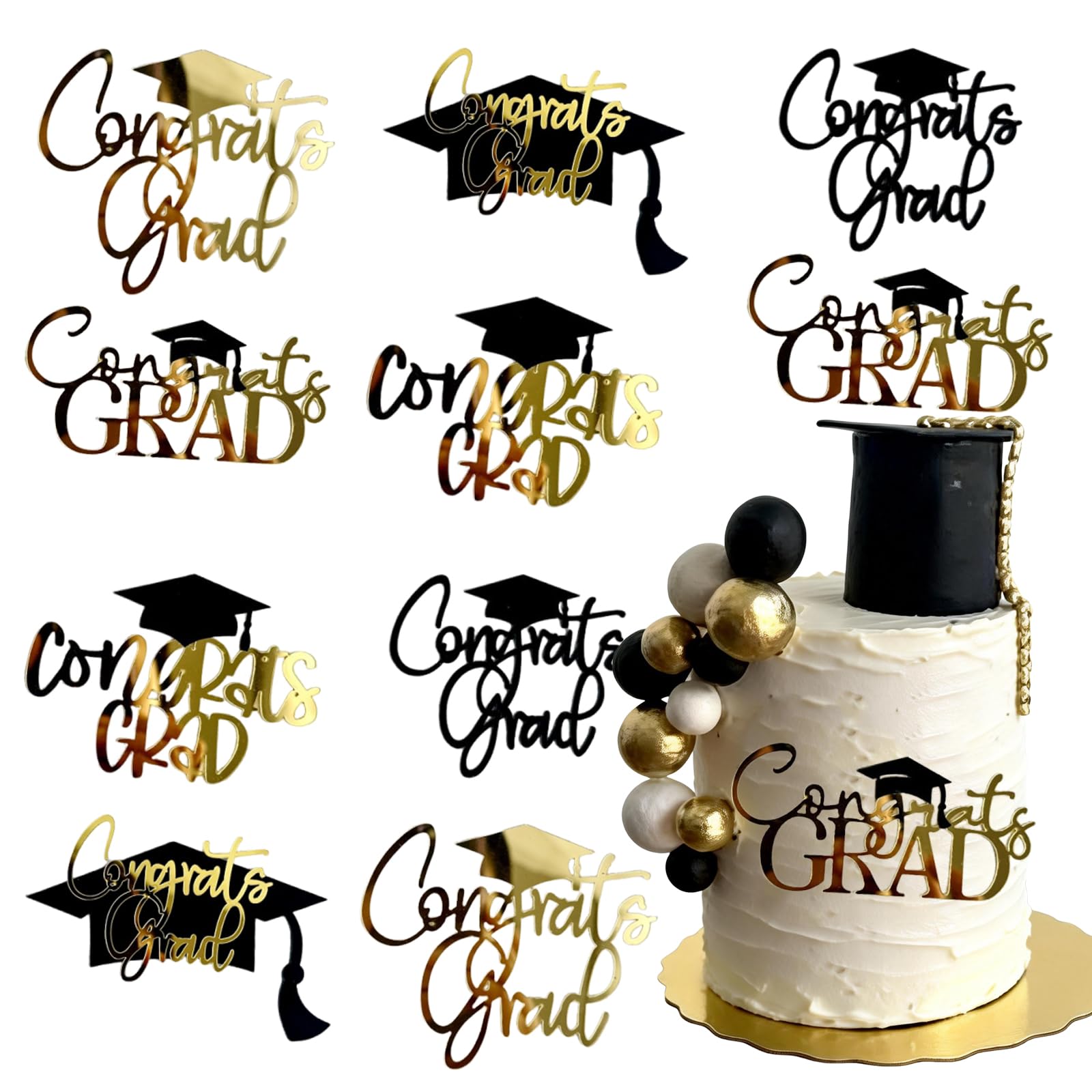 Photo 1 of 10 Pcs Graduation Cake Topper Acrylic Gold Black Congrates Grad Cap Letter Cake Picks for Graduate Theme Congratulations Party Side Cake Decoration Supplies